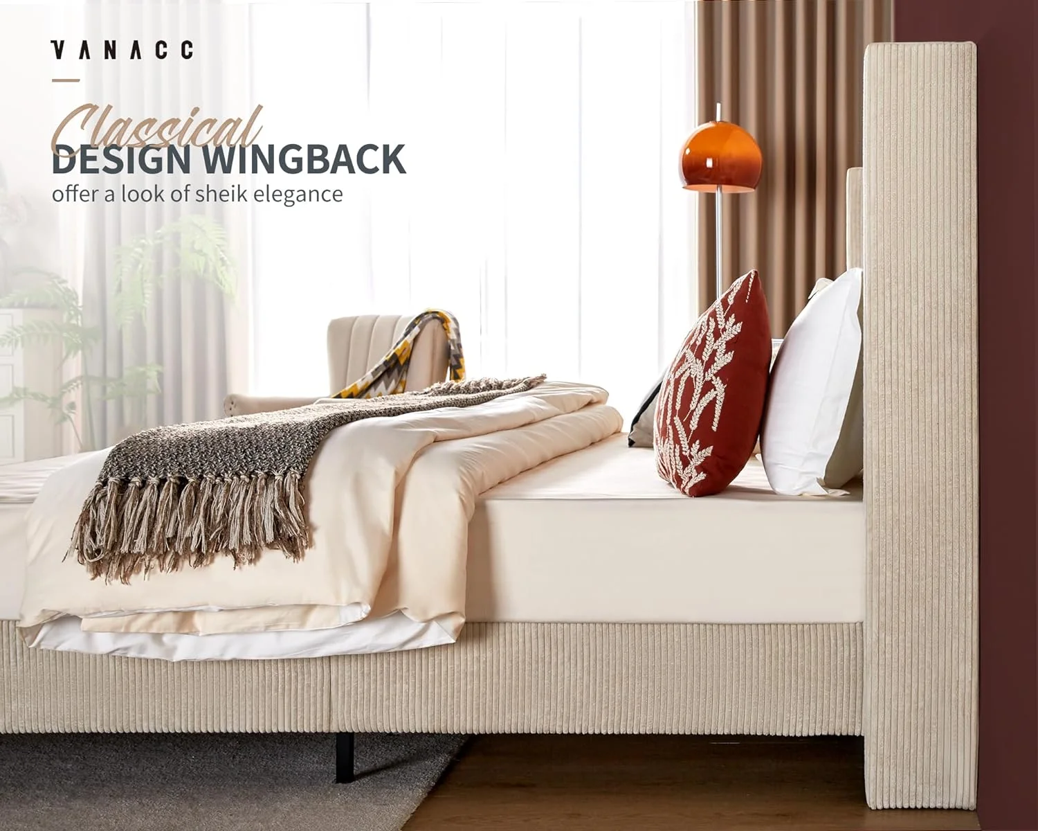 Vanacc King Size Platform Bed Frame, 50.8" Corduroy Upholstered Bed with Vertical Channel Tufted Headboard/Wooden Slats/Wingback, Beige