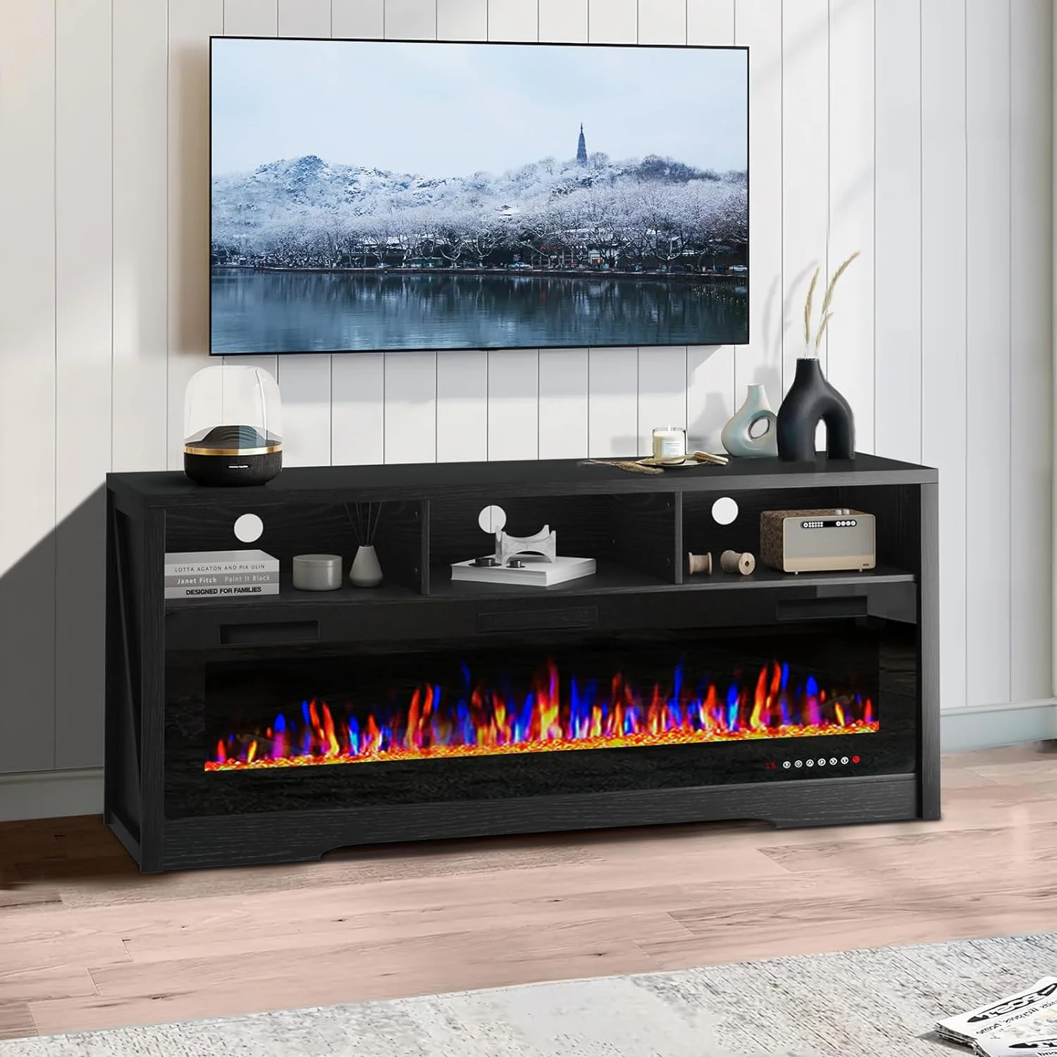 Waleaf Fireplace TV Stand for Tvs up to 75" TV with 60" Electric Fireplace, Entertainment Center with Open Shelve Storage