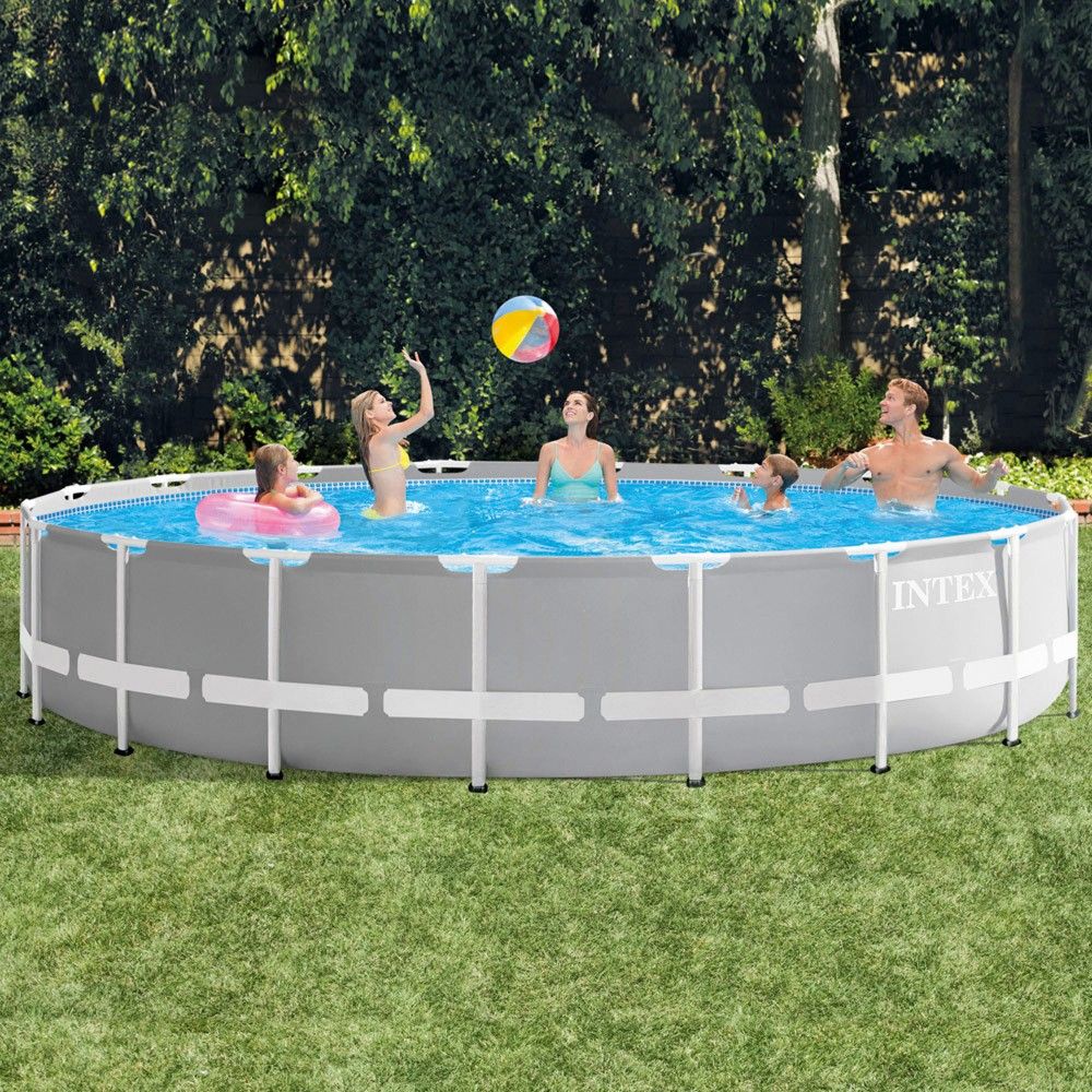 Intex 549x122cm Rund Rørformet PVC Overjordisk Pool, Grå, med Filterpumpe