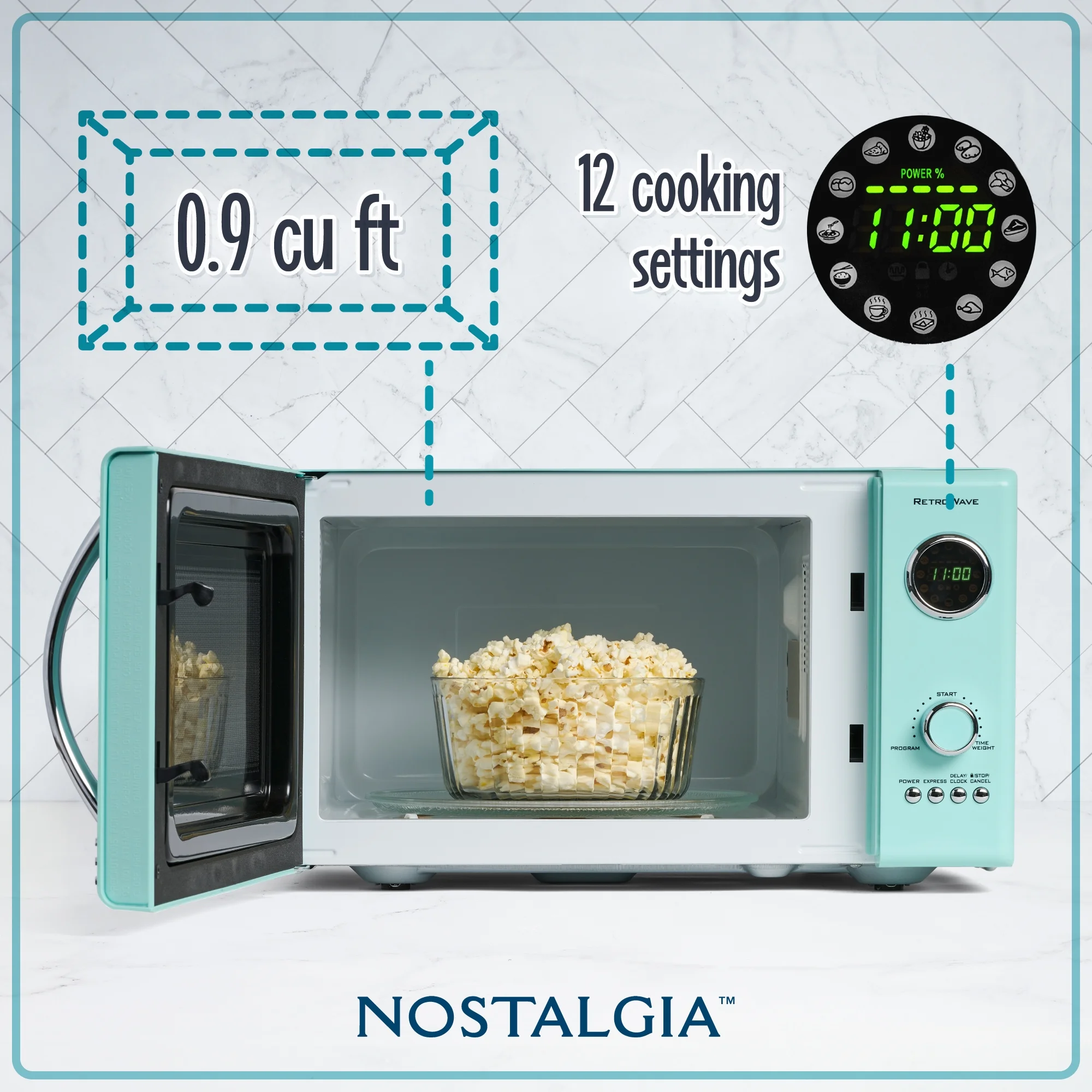 Nostalgia Retro 0.9 Cu. Ft. 800 - Watt Countertop Microwave Oven, Aqua