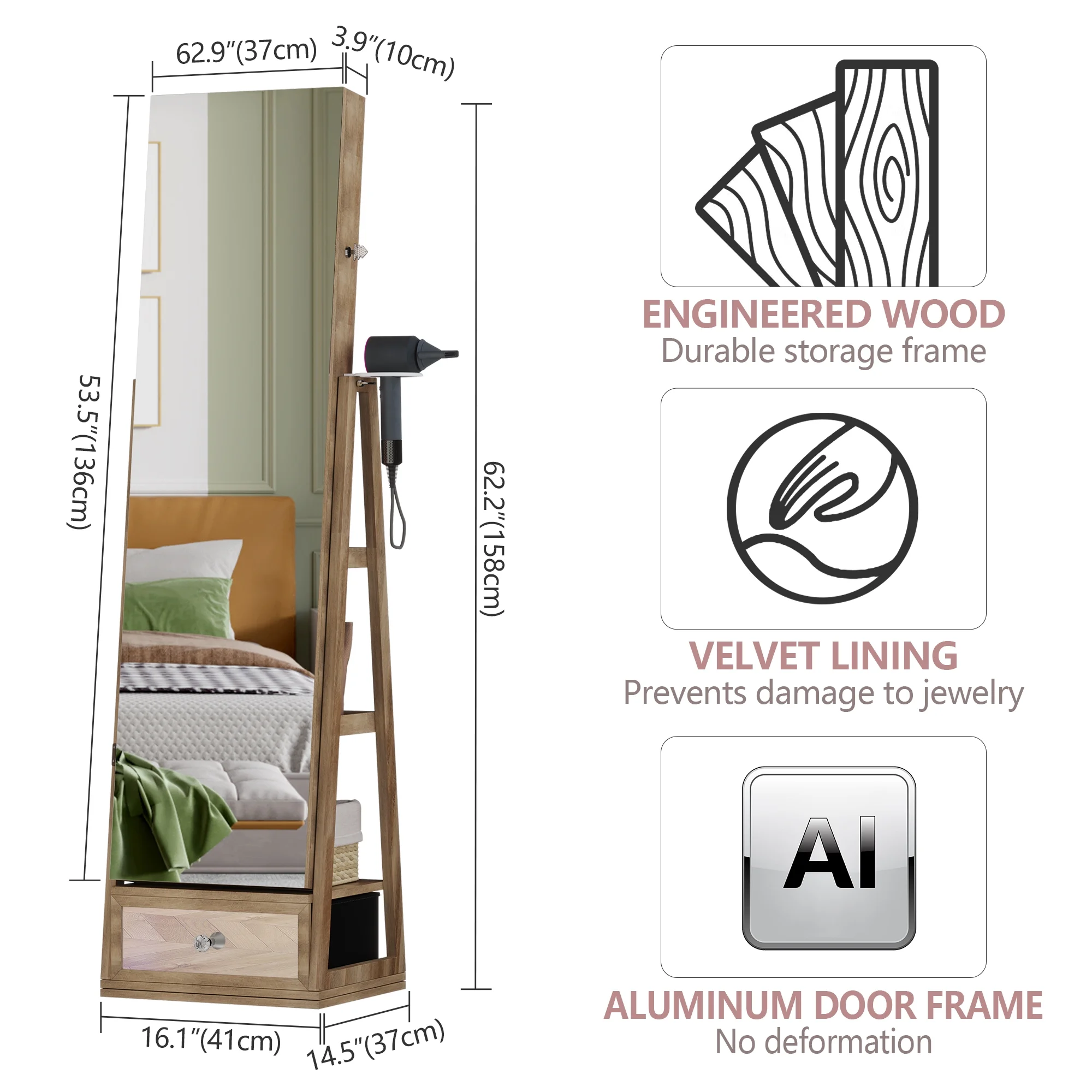 Boîte à bijoux rotative à 360° avec miroir, éclairage LED et serrure – Marron