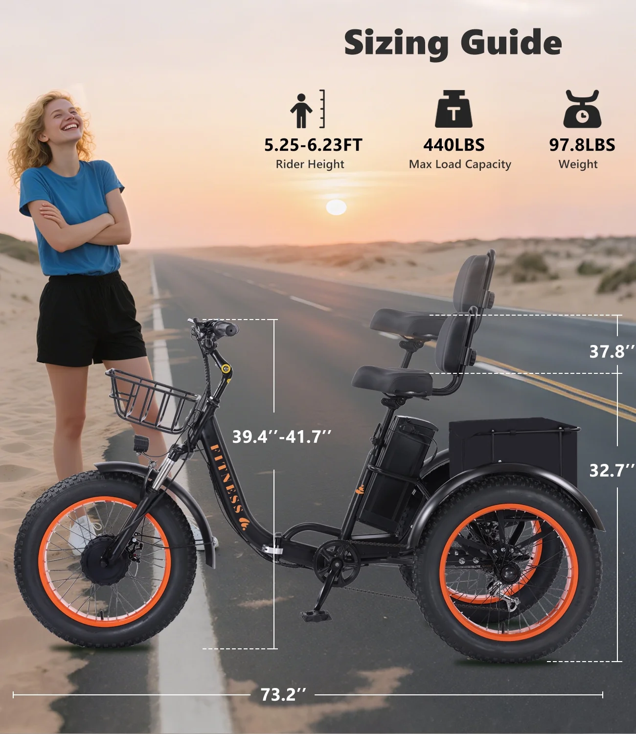 YEBEI Electric Tricycle for Adults Folding E - Trike Motorized Tricycle Electric 3 Wheels Trike Powerful 500W Motor Electric Tricycle 48V15AH Lithium Battery Max 20MPH 20*4.0 Fat Tire Orange