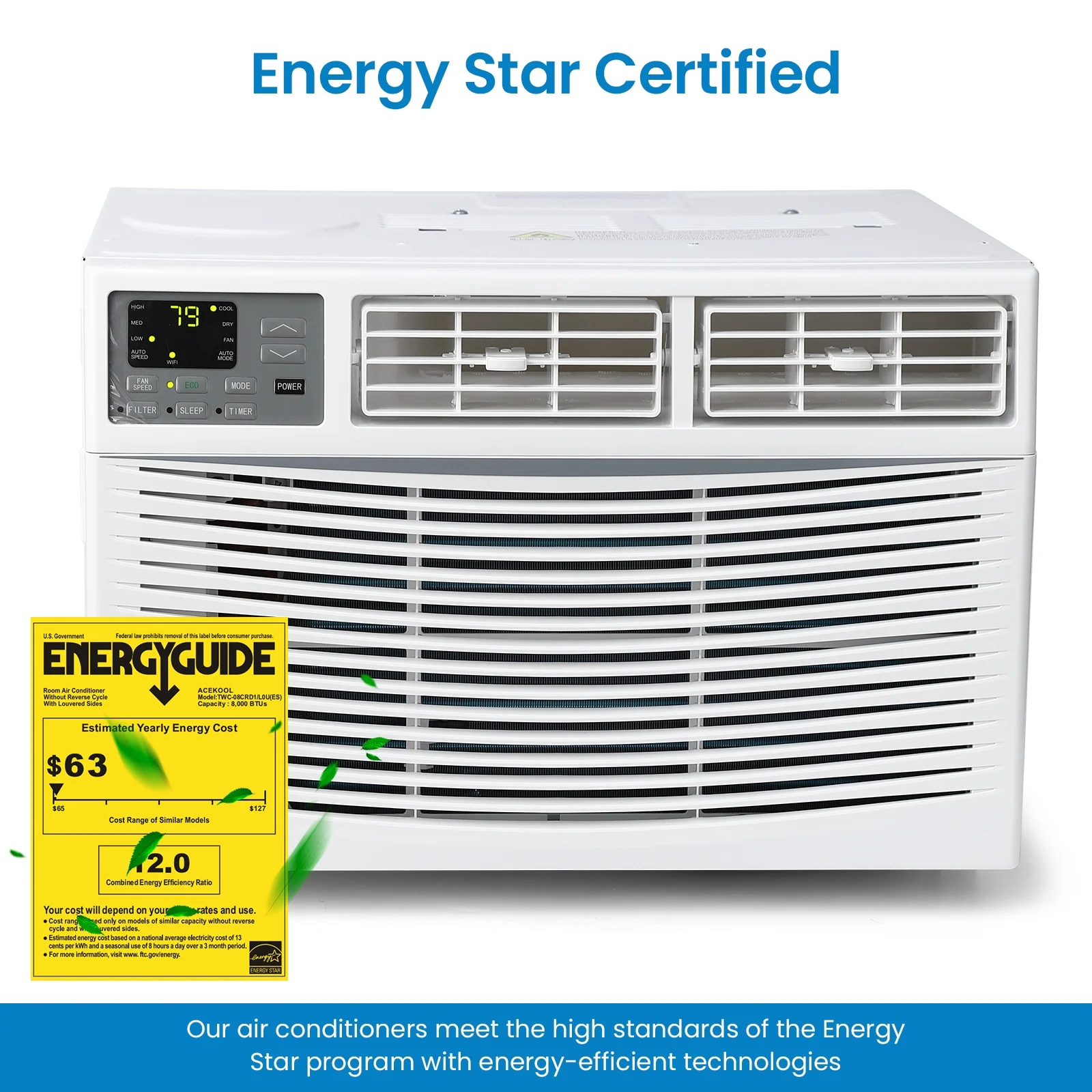 Towallmark Window Air Conditioner, 8000 BTU, Wifi, Remote Control, Sleep Mode, White
