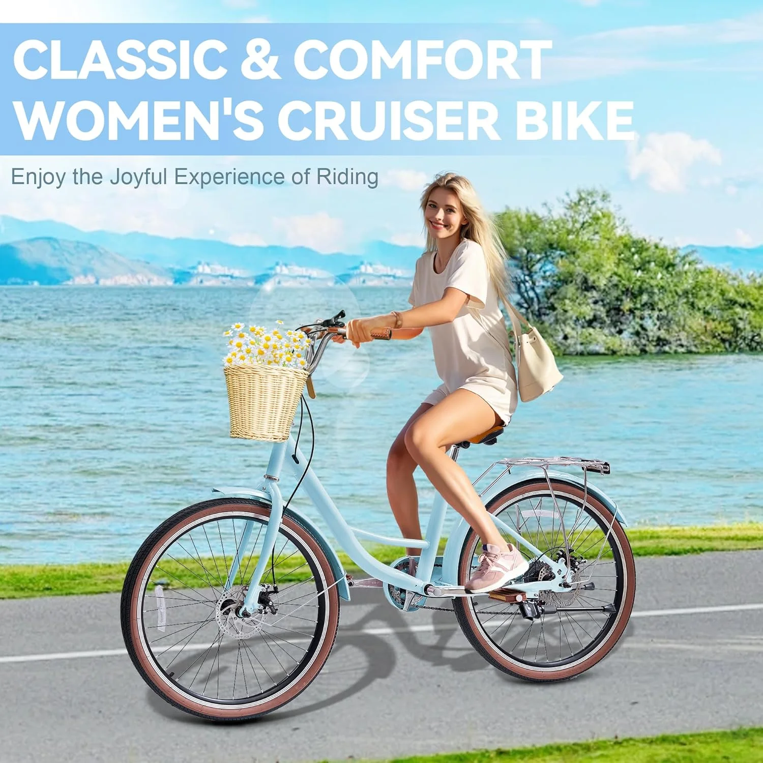 26" Beach Cruisers for Women, Pipleo Bikes for Women with Rattan Basket, 7 - Speed & Step - Through Frame