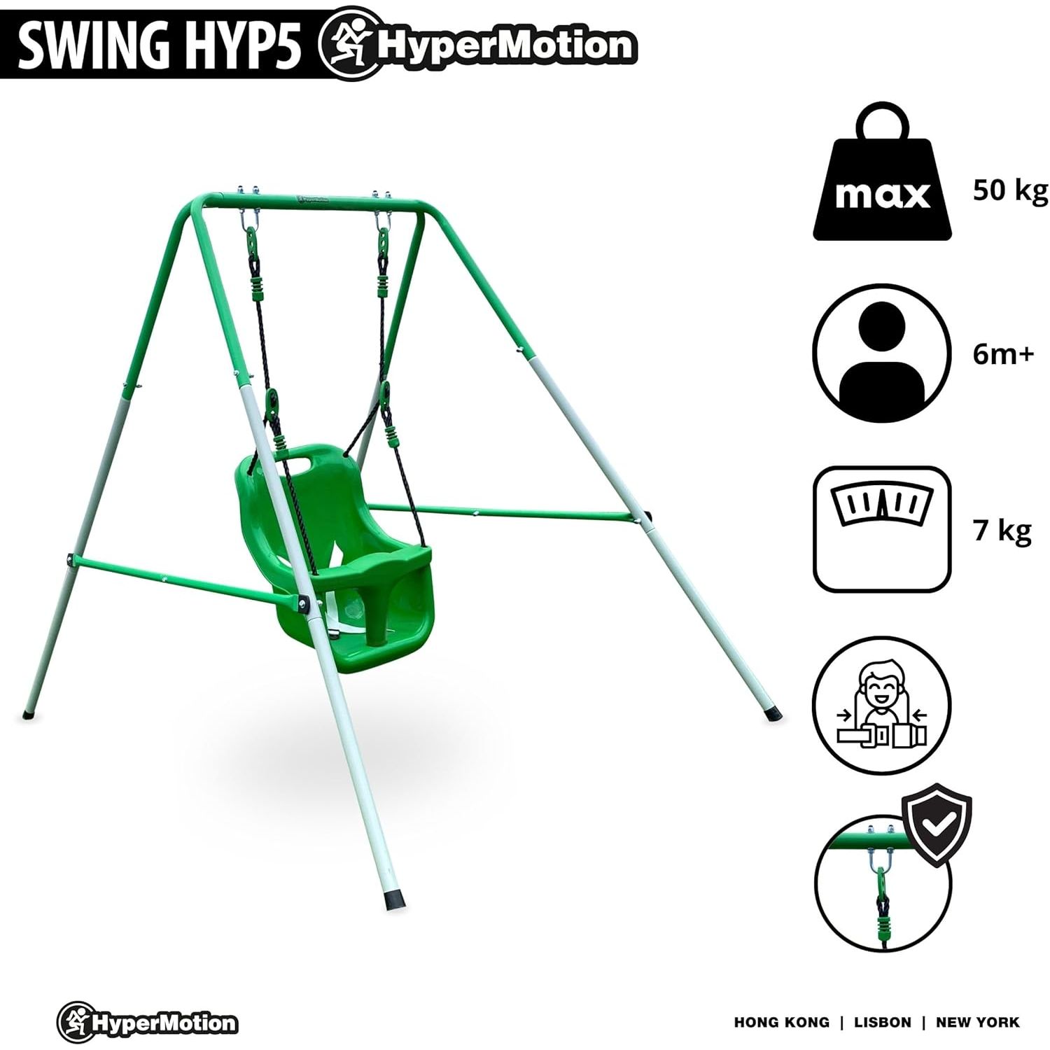 Babygynge til 6+ måneder, maks. 25 kg, gynge til indendørs og udendørs brug, justerbar højde