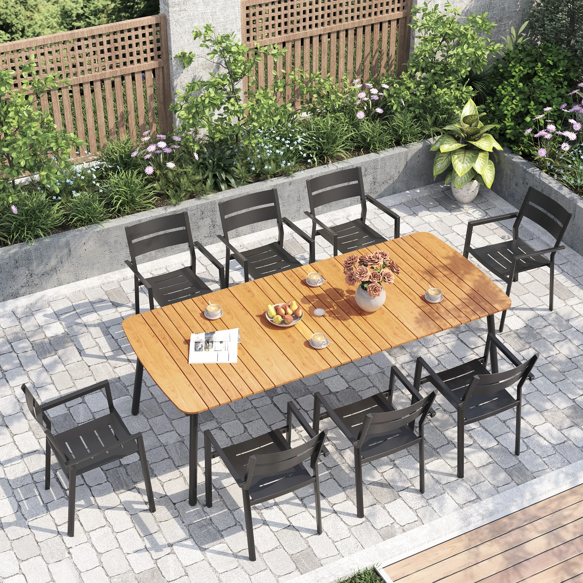 Pellebant 93" Outdoor Dining Table for 8 - 10 People, Patio Rectangle Table with Wood - Like Tabletop and Umbrella Hole, Aluminum Frame for Garden, Lawn, or Backyard, Brown