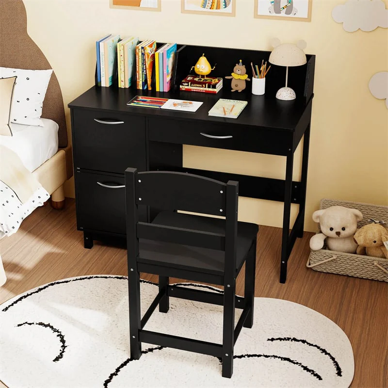 Wooden Kids Desk and Chair Set with Hutch, Storage Drawer & Cabinet, Children School Study Table Writing Computer Workstation for Ages 3-8