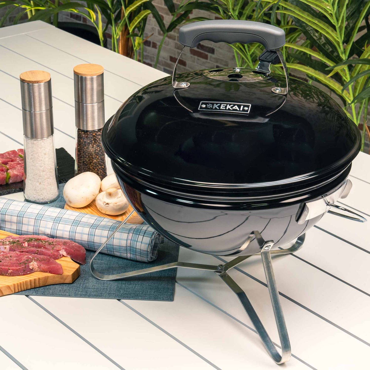 Kekai Tahoe Bærbar Bordgrill 37x37x44 cm Låg med Transport- og Låsesystem Sort Emalje