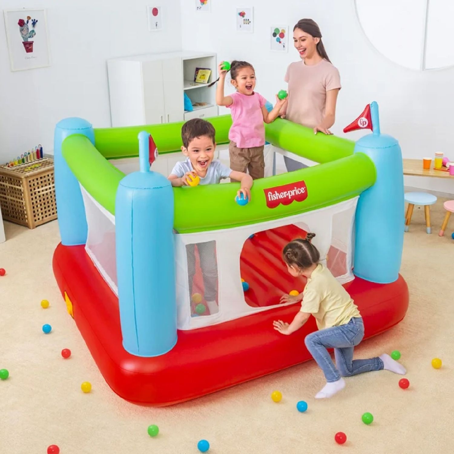 Bestway Bounce Sensational oppustelig hoppepude med 50 legebolde, 175x173x135 cm, flerfarvet, med sikkerhedsnet