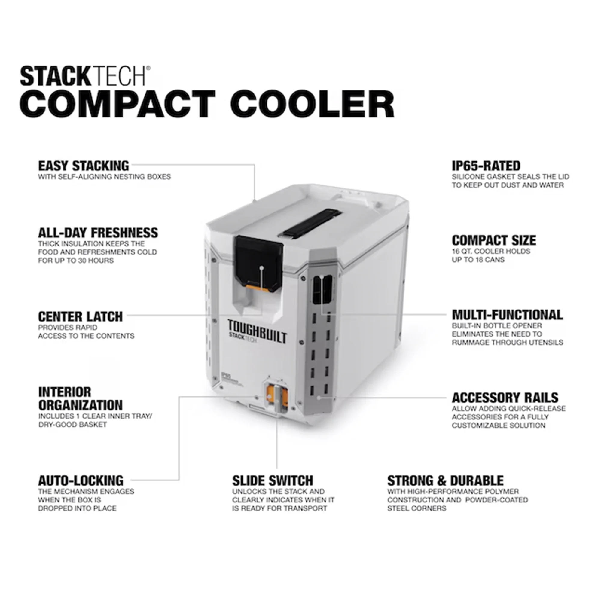 Toughbuilt Stacktech Compact Cooler, Stackable 16 Quart Hard Shell Ice Chest, White
