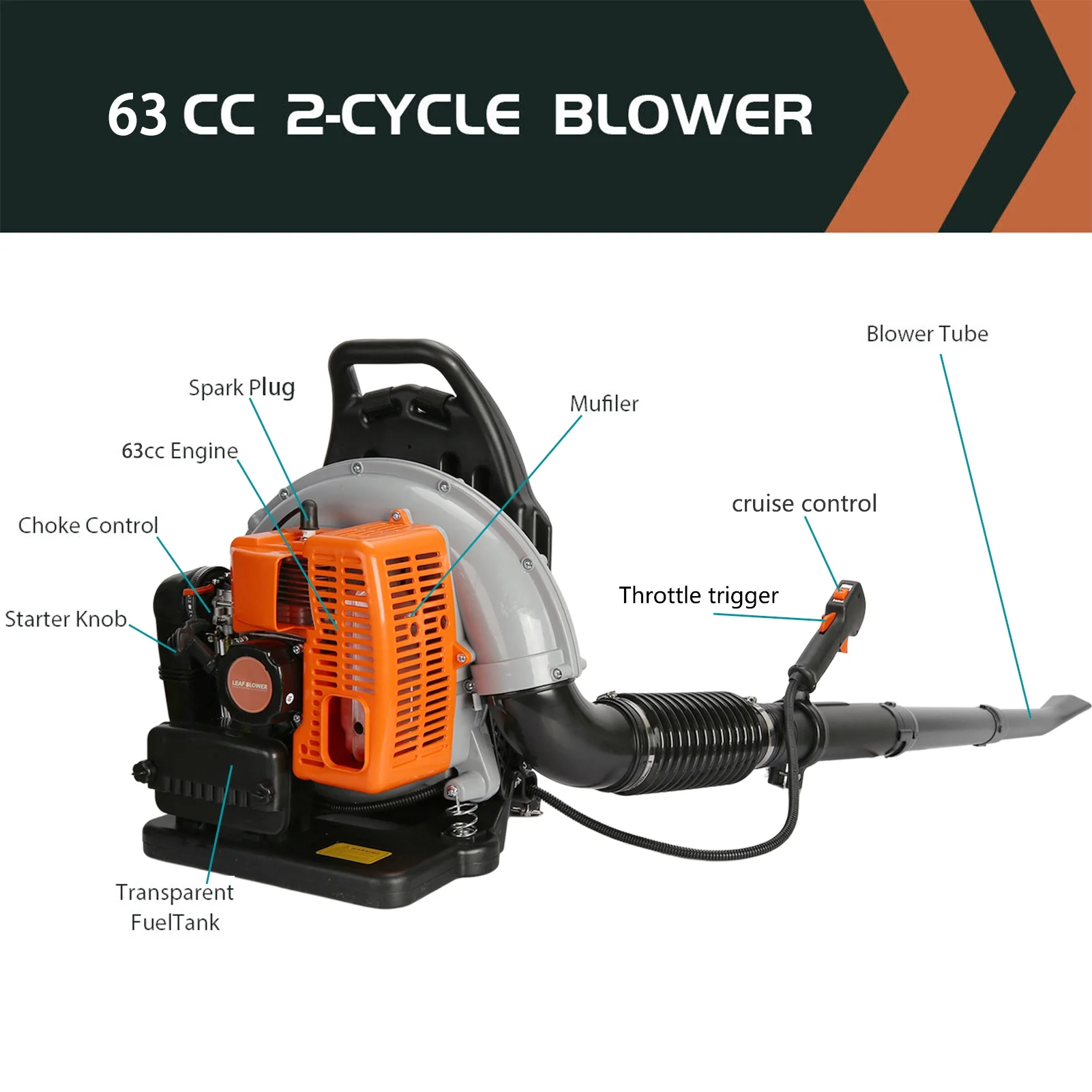 Wharick 63CC Leaf Blower, 2 - Stroke Backpack Gas Powered Leaf Blower, Snow Blower Leaf Blower for Dust, Snow Debris, Yard