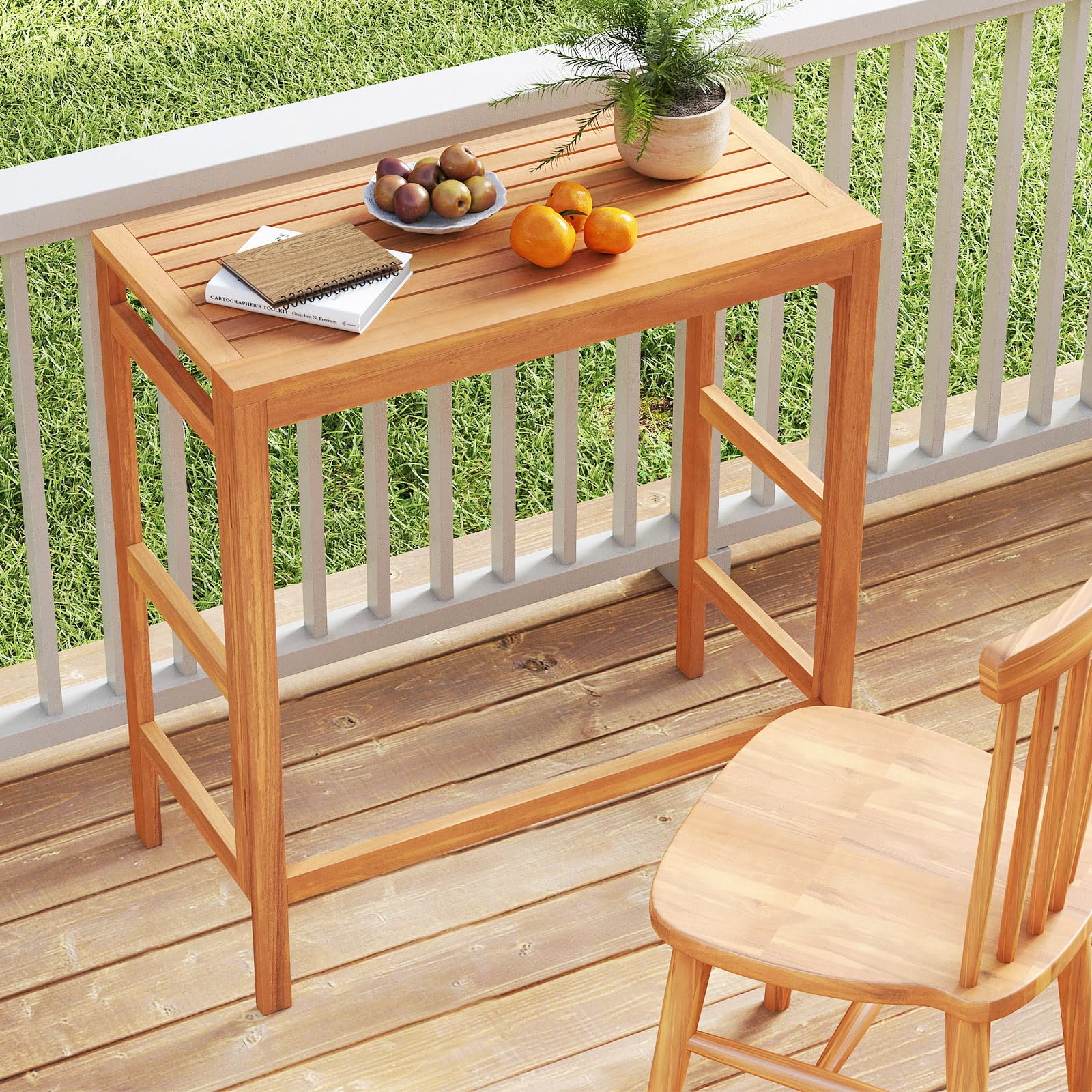 Tangkula Patio Rectangle Counter Height Pub Table with Slatted Tabletop