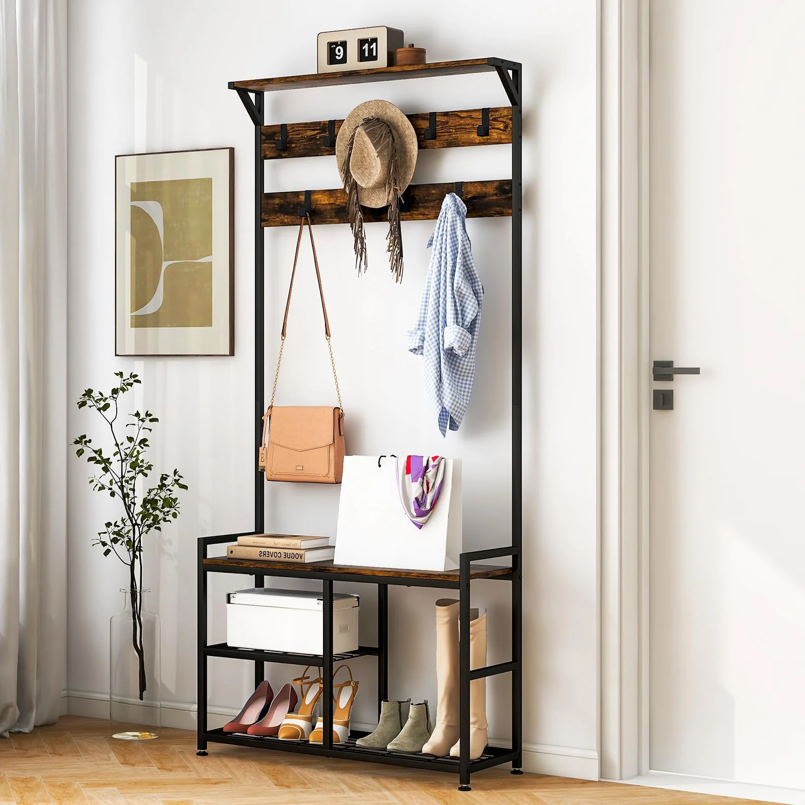 Tangkula Coat Rack Shoe Bench, 3-in-1 Industrial Hall Tree w/Storage Bench & 9 Hanging Hooks, 3-Tier Wood Look Entryway Bench w/Metal Frame