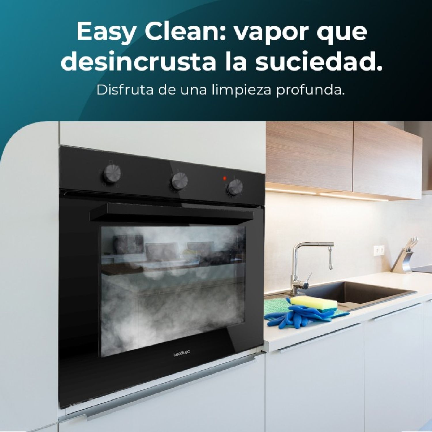 Four encastrable Bolero Hexa C136000 en verre noir Time A. 2800 W, capacité 77 L, 4 fonctions, minuterie, nettoyage vapeur, cuisson vapeur, classe énergétique A, éclairage intérieur.