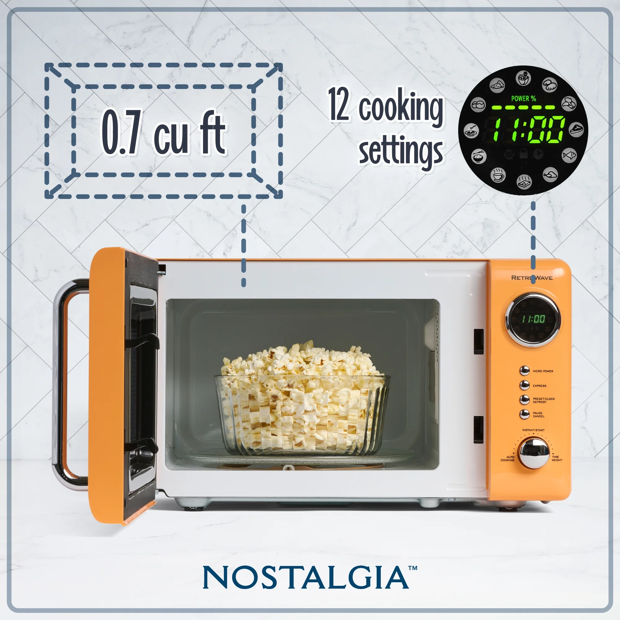 Nostalgia Retro Compact Countertop Microwave Oven - 0.7 Cu. Ft. - 700 - Watts with LED Digital Display - Child Lock - Easy Clean Interior - Orange