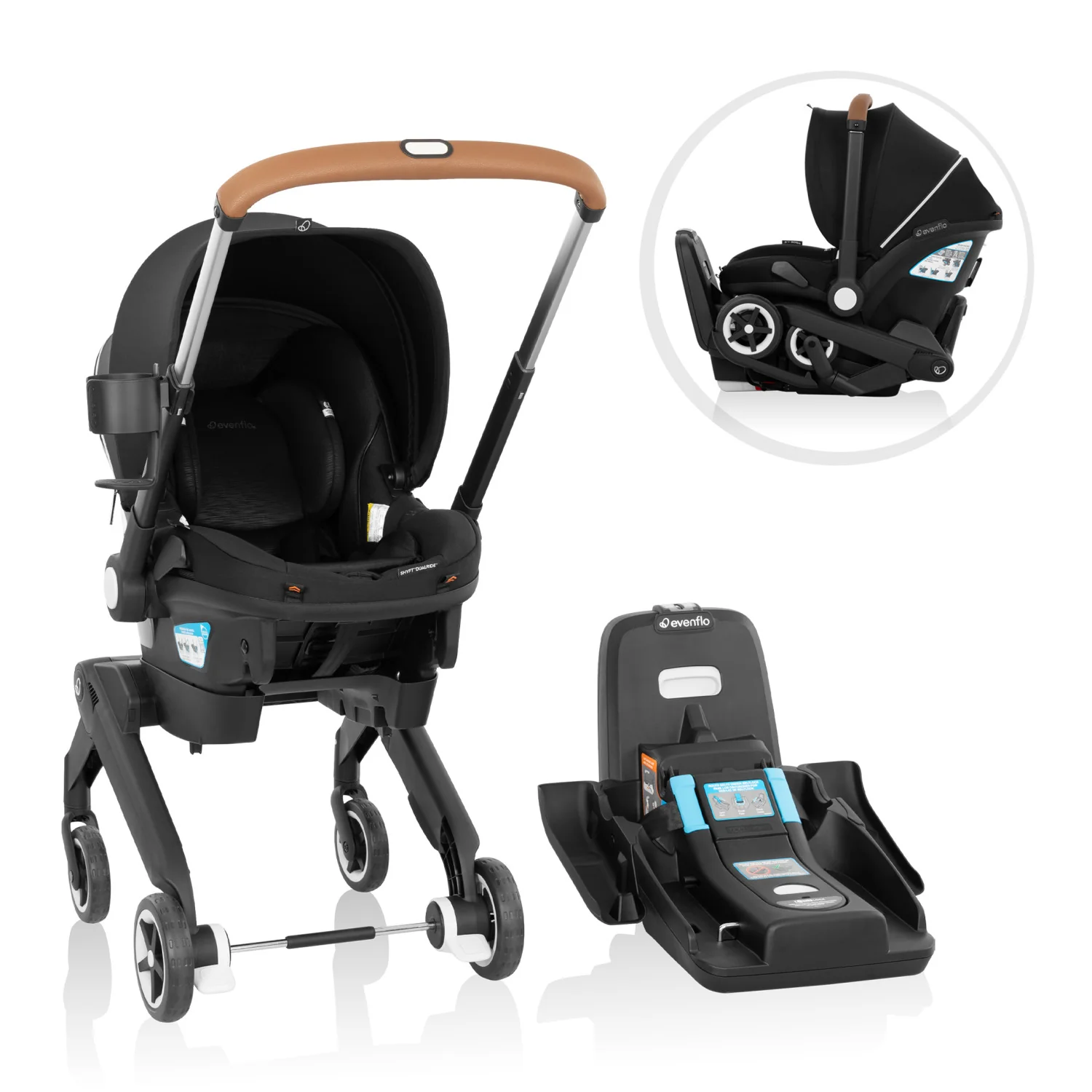 Siège auto combiné Evenflo Shift DualRide 2025 - Broouette avec sac de rangement et capote extensible