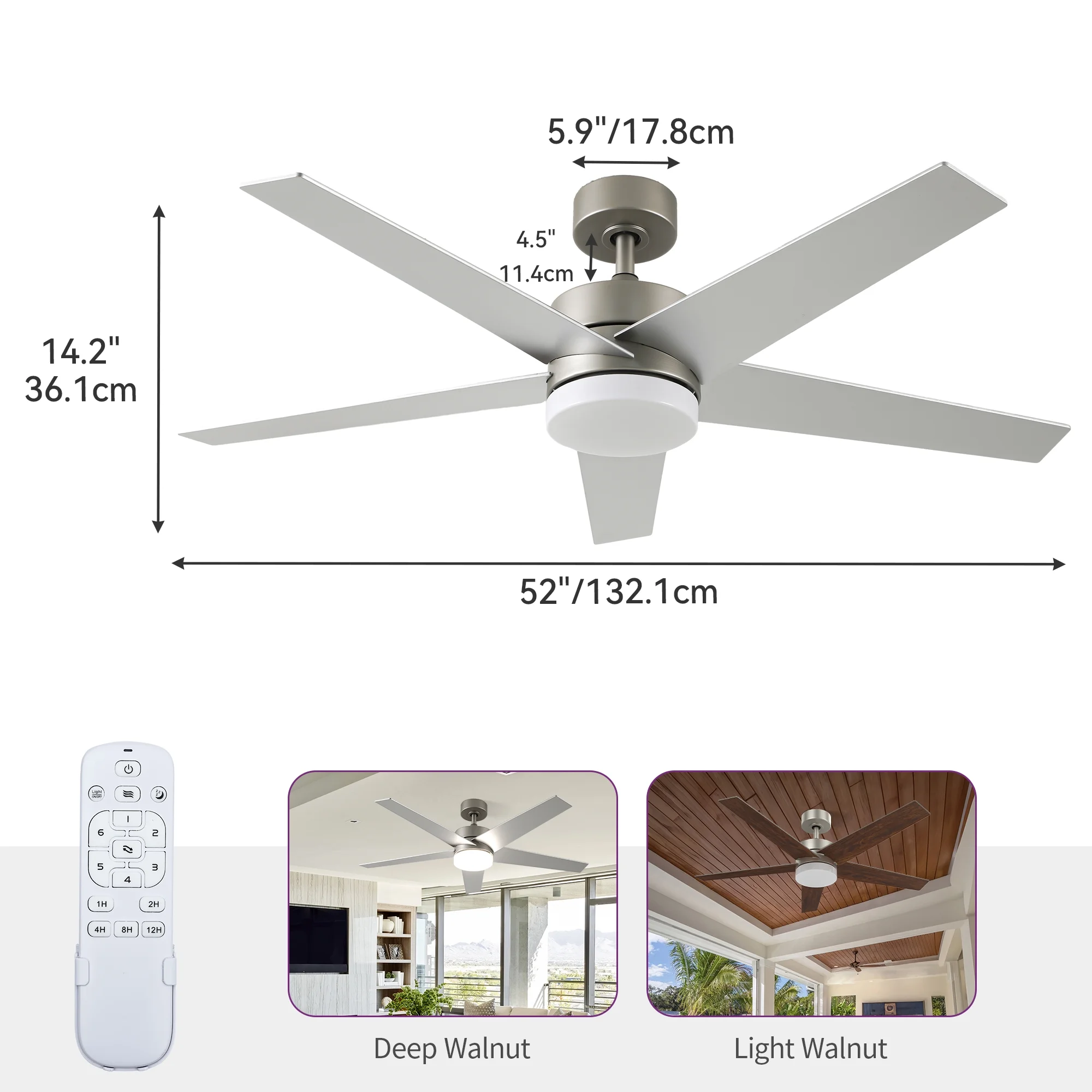 Uforic 52" Modern Ceiling Fan with Lights and Remote Control, 5 - Blade Ceiling Fan with Dimmable Tri - Color Light, Quiet and Reversible 6 - Speed DC Motor, Perfect for Bedroom, Living Room - Silver
