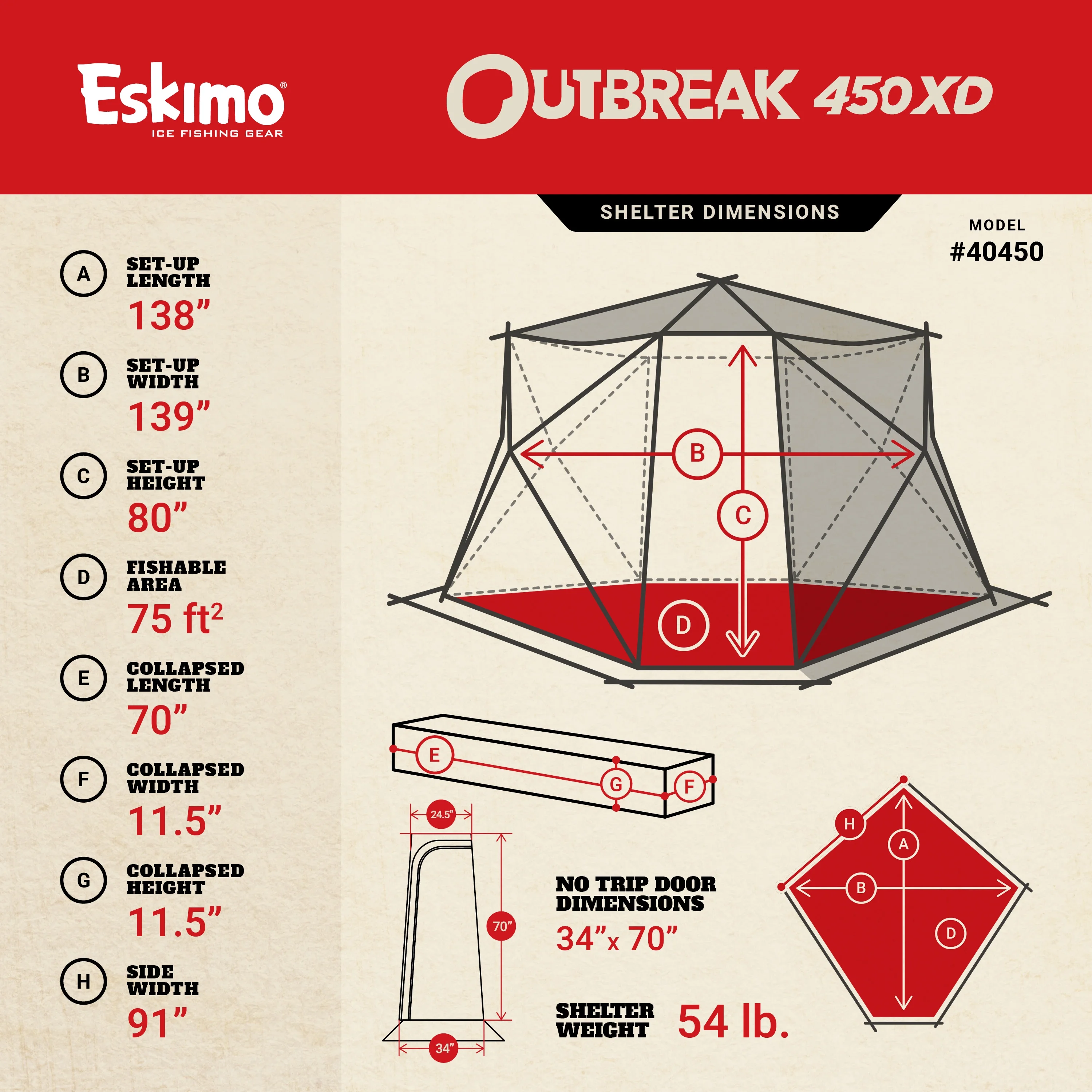 Eskimo Outbreak™ 450XD, Pop - up Portable Ice Shelter, Insulated, Red/Black, 4 - 5 Person Capacity, 40450