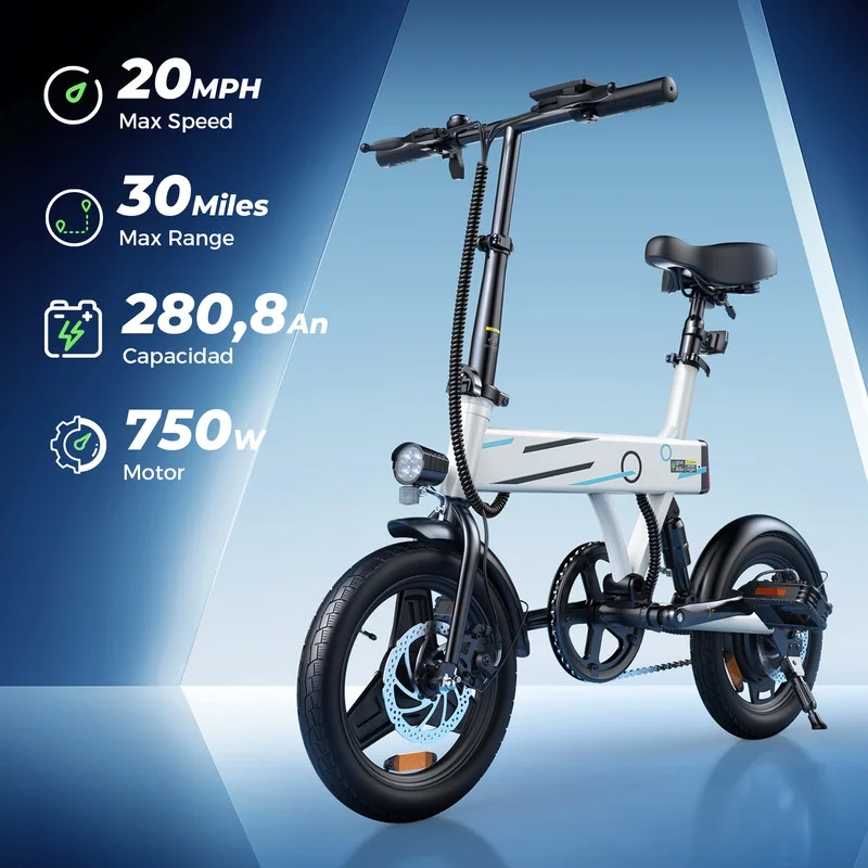 750W Peak Folding Electric Bike for Adult Teens, 20MPH 36V/7.8AH, 14" Commuter City Ebike, White