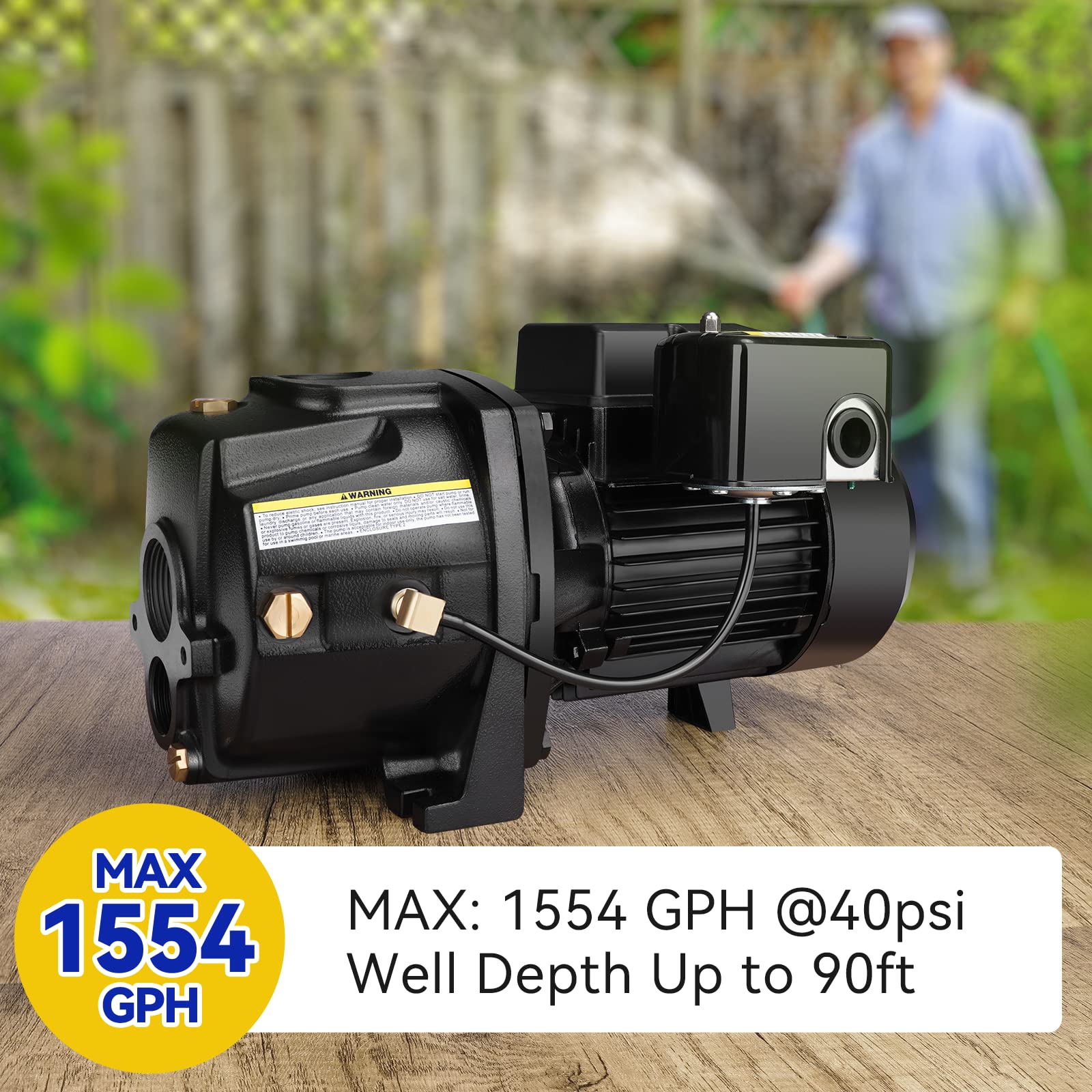 Acquaer 1HP konvertibel jetpumpe til lavvandede/dybe brønde, støbejern med ejektorsæt, brønddybde op til 7,5 m eller 27 m, dobbelt spænding 115 V/230 V, automatisk trykafbryder