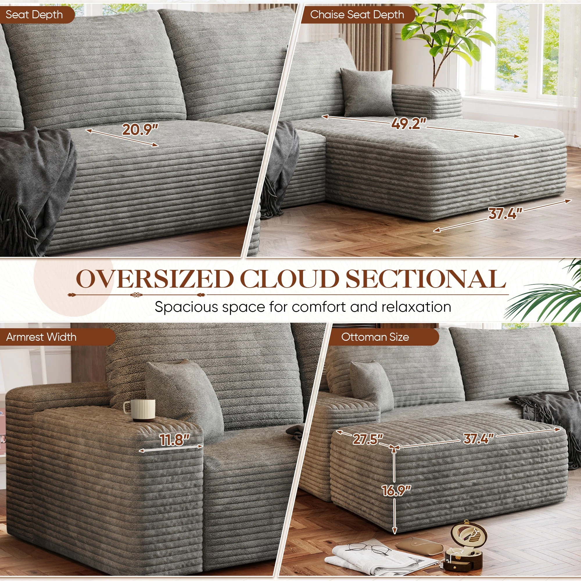 Muumblus 107" Cloud Sectional Sofa with Left Chaise, Cozy U - Shaped Modular Sofa with Ottoman, Plush Corduroy Sleeper Bed Couch, No Assembly Required, Gray