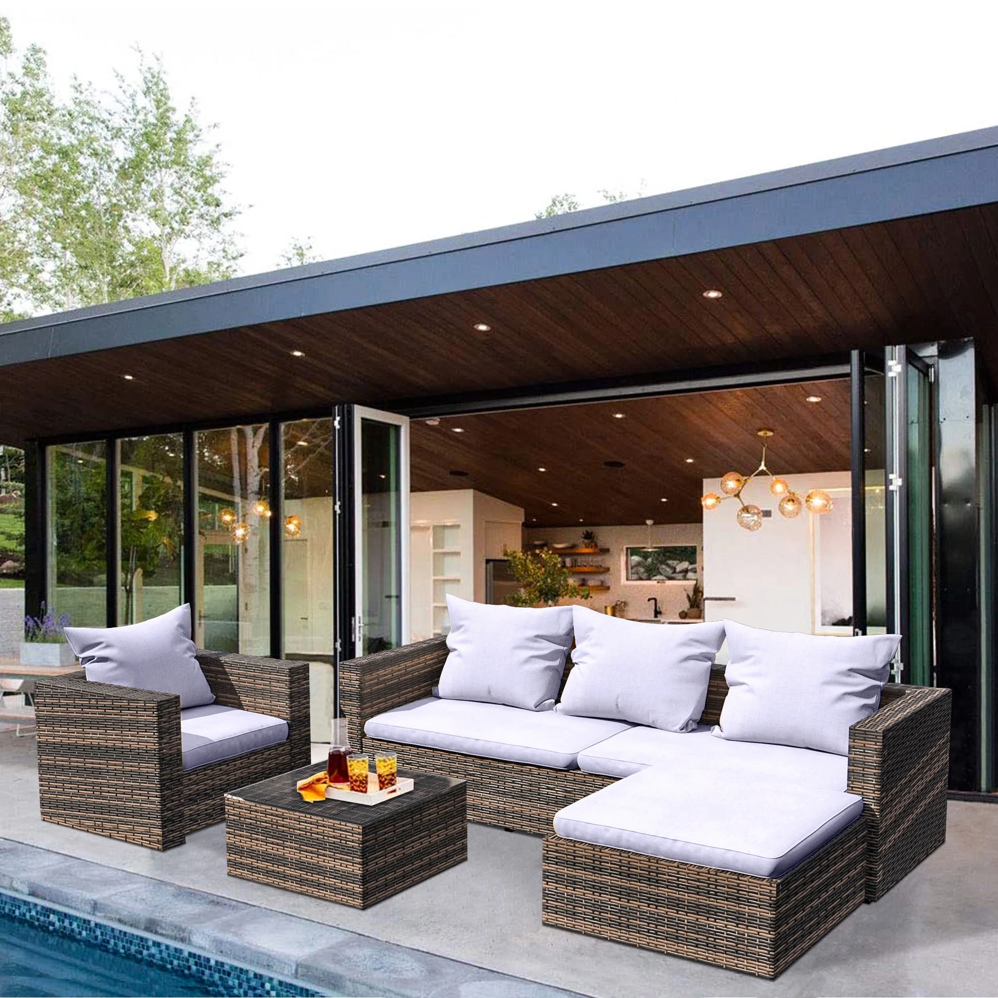 Rattan Patio Sofa Set, 4 Pieces Outdoor Sectional Furniture Set, All - Weather PE Rattan Wicker Patio Conversation Set, Cushioned Sofa Set with Glass Table for Patio Garden Poolside Deck