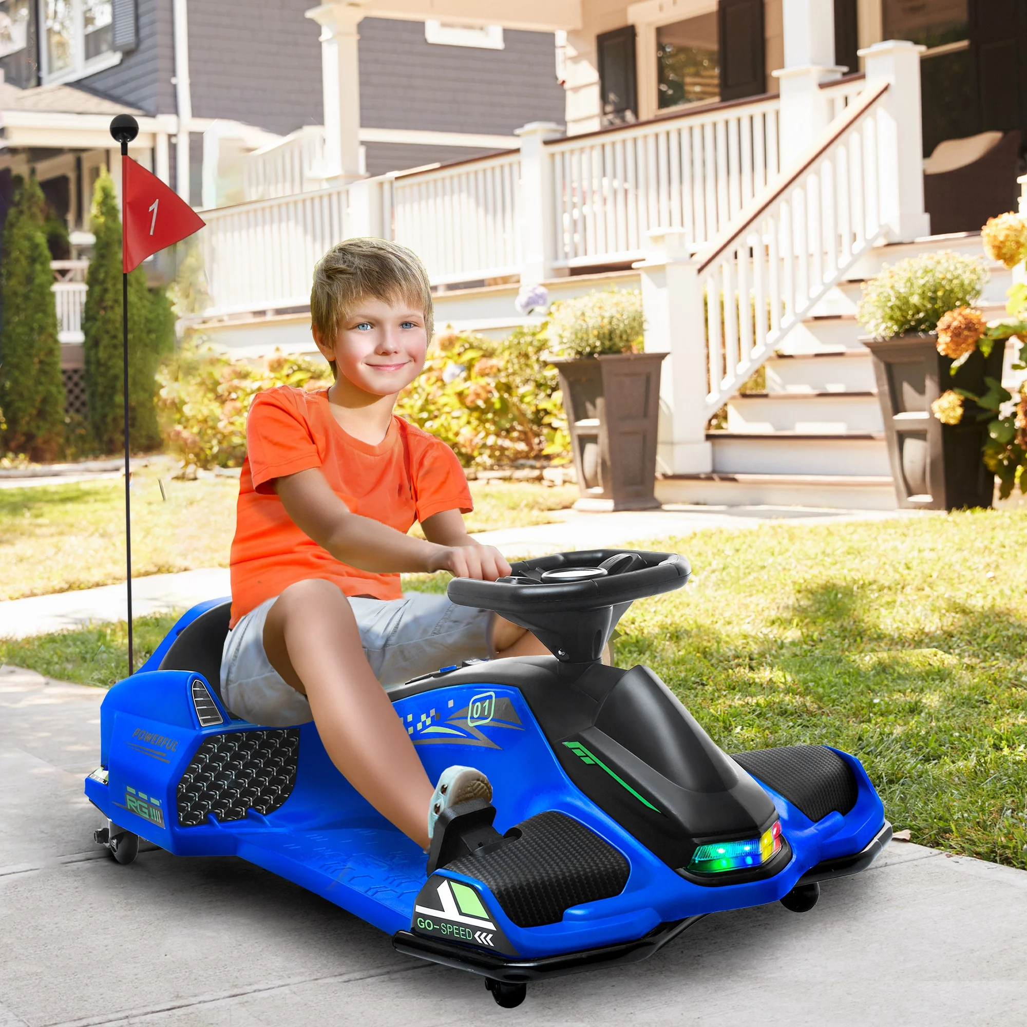 Kart électrique Aosom 12V 2025 avec démarrage progressif, musique et lumières. Bleu.
