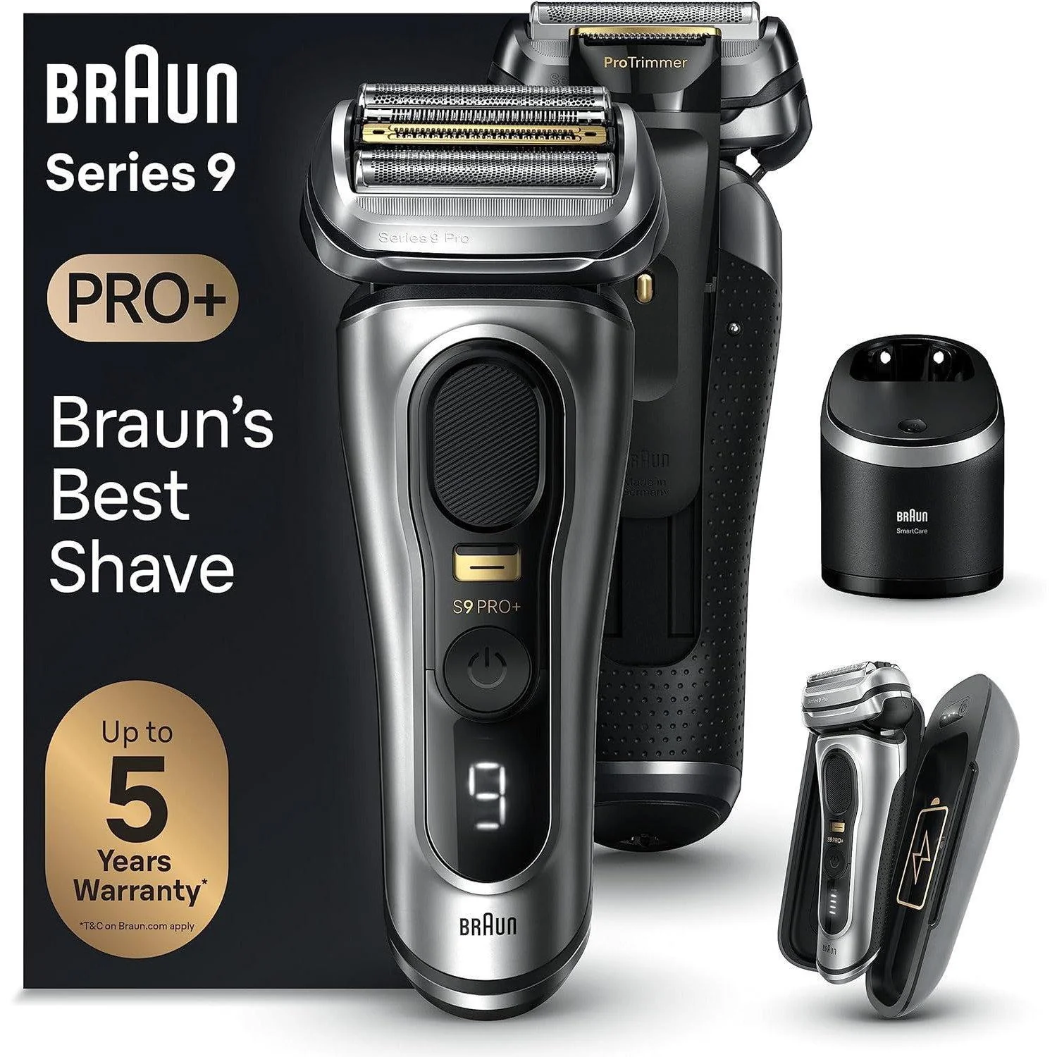 2025 Braun Series 9 Pro+ barbermaskine 9477cc – Våd- og tørbarbering med 5-i-1 SmartCare Center og PowerCase. Sølv