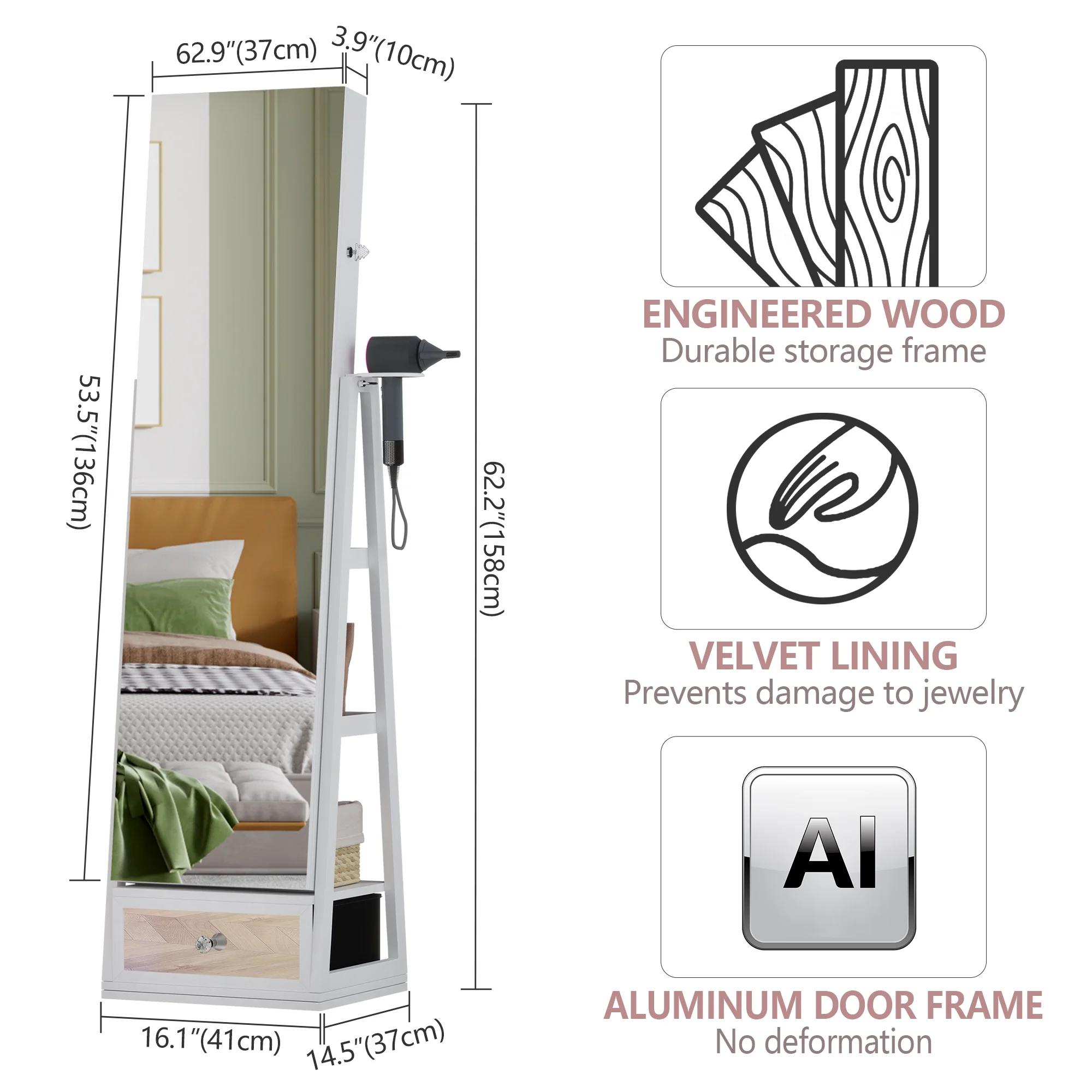 Boîte à bijoux rotative à 360° LVSOMT avec éclairage - Organisateur autoportant avec miroir pleine longueur, serrure et grand espace de rangement - Blanc