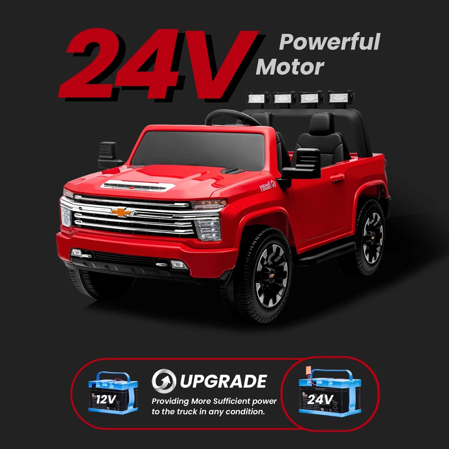 Voiture électrique pour enfants Track 7 24 V, camion Silverado HD sous licence pour 2 passagers, télécommande, musique, ABC, rouge