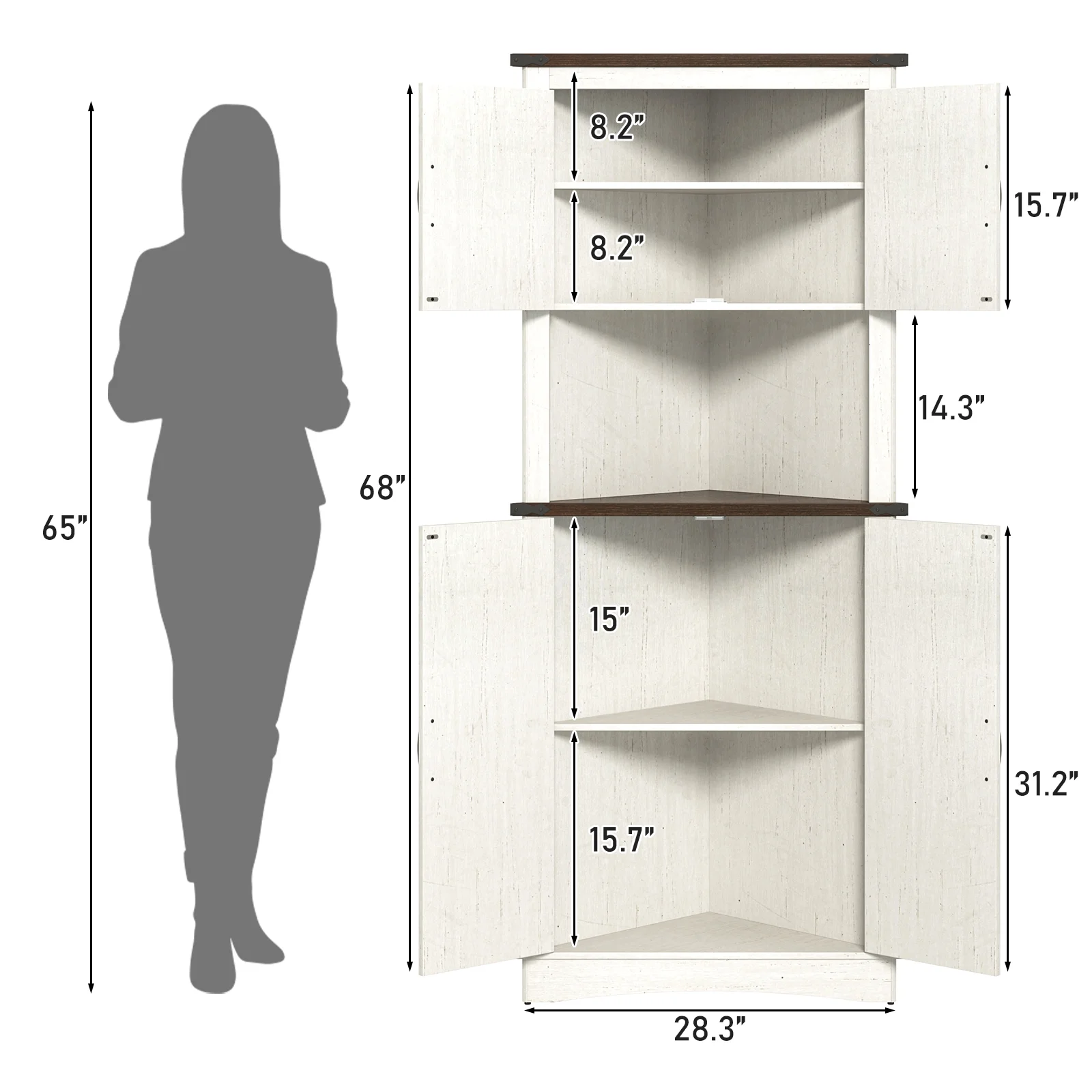 Blotout 68" Tall Farmhouse Corner Cabinet with 4 Doors, 28.3" W Barn Door Storage Cabinet with Adjustable Shelves, 5 Tier Corner Storage Cabinet for Bathroom, Living Room, Kitchen