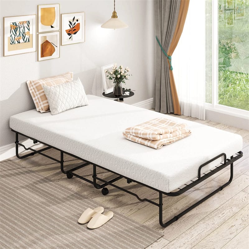 Twin Size Folding Bed with Memory Foam Mattress, Rollaway Guest Bed w/ Heavy-Duty Metal Frame & Lockable Wheels, Portable Space-Saving Bed, 75" x 38"