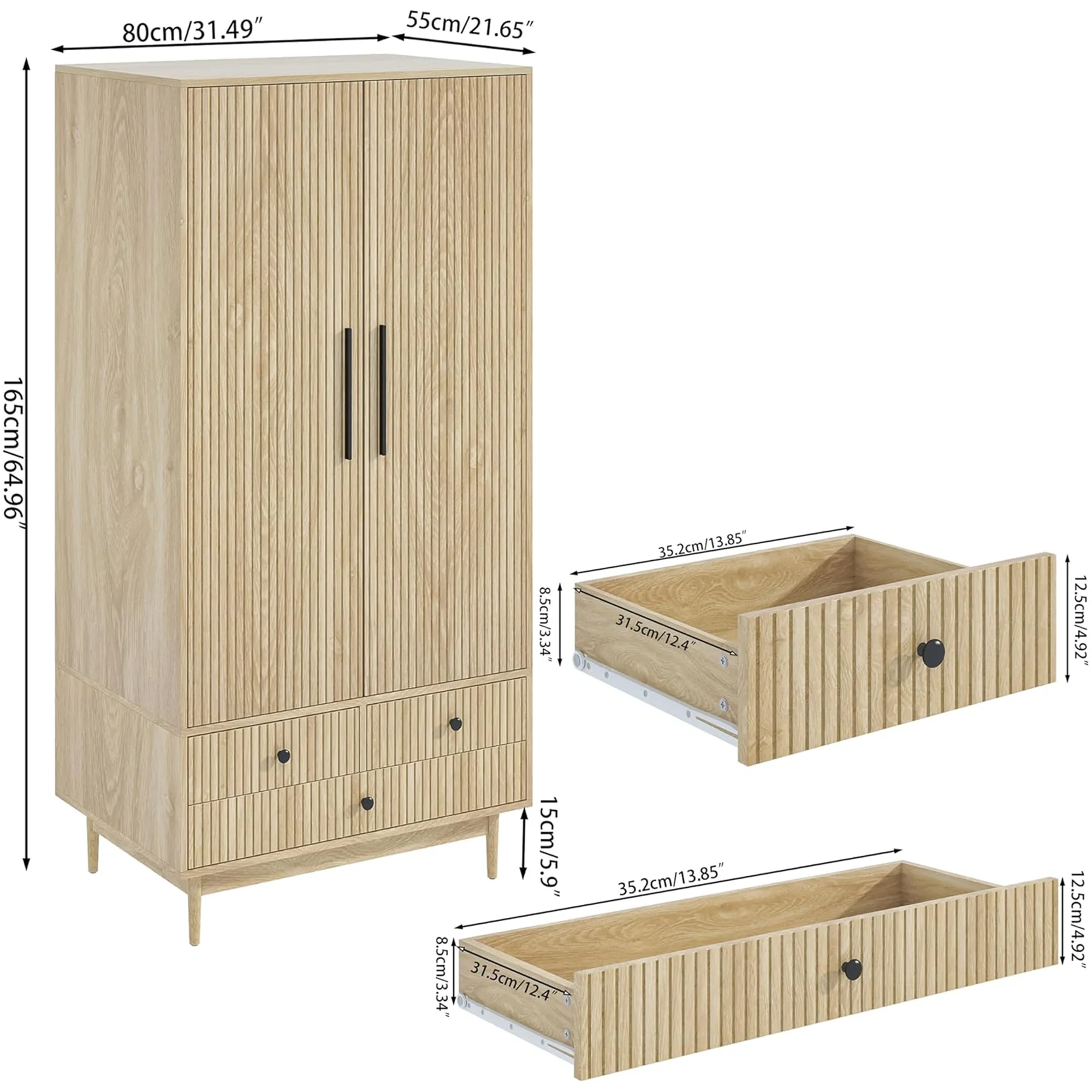 Oubayajia Wardrobe Armoire Closet, 2 Fluted Doors Wardrobe Cabinet with 3 - Drawer and Hanging Rod, Wood Wardrobe Storage for Bedroom
