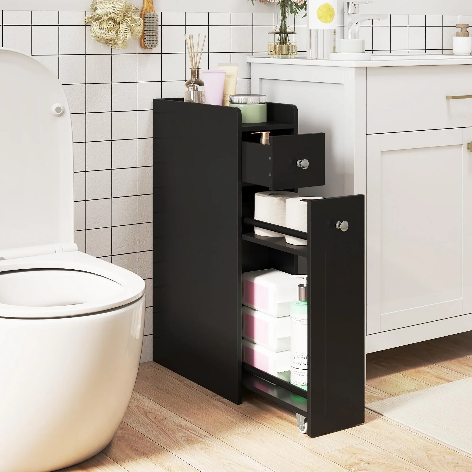 Tangkula Small Bathroom Storage Cabinet 4-Tier with Slide Out Drawers on Casters