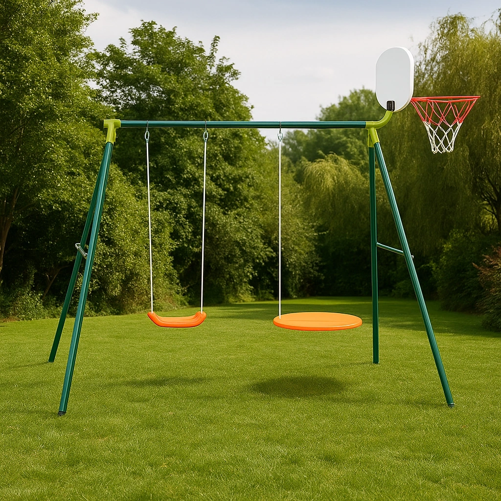 Balançoire avec panier de basket et deux sièges, orange/vert, pour l