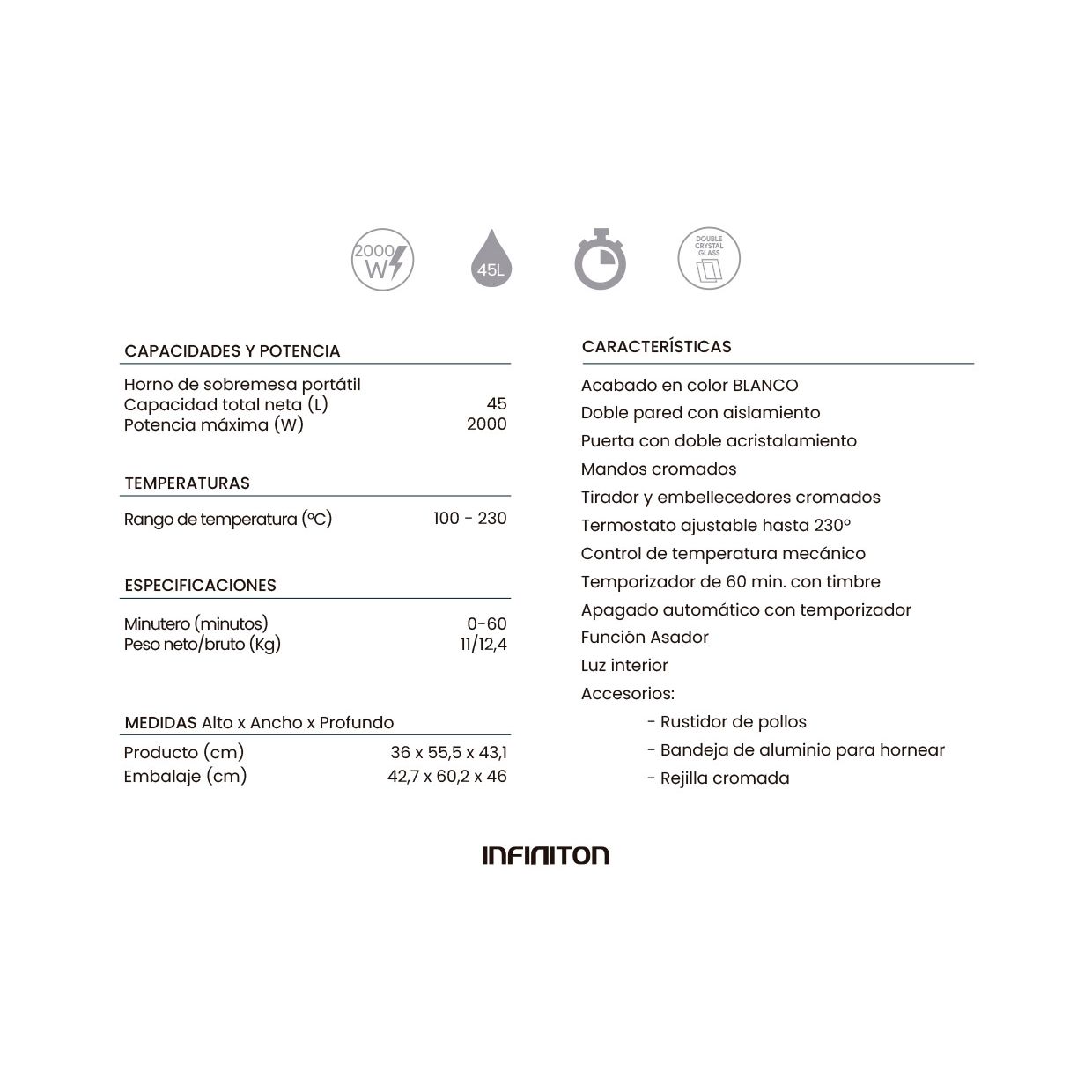 Infiniton Hsm-a45b – Bordovn, hvid, 45l, 2000w, varmluft, stegefunktion, rotisserie, dobbeltglas, indvendig belysning, 60 minutters timer.