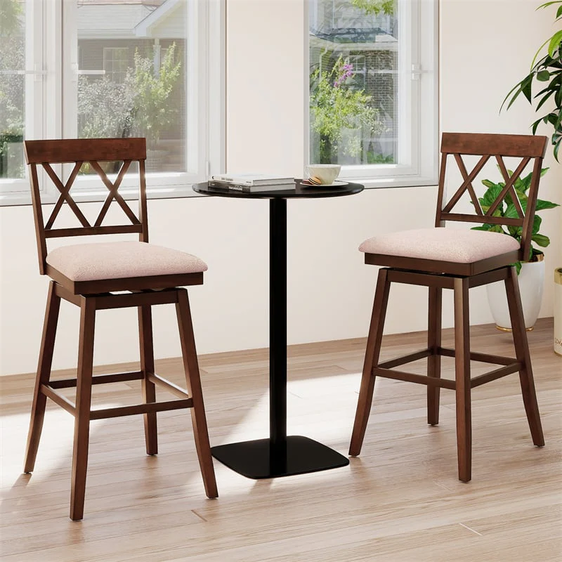 Swivel Bar Stools Set of 2, 29" Bar Height Chairs with Back, Padded Seat & Rubber Wood Frame, Farmhouse Barstools for Kitchen Island