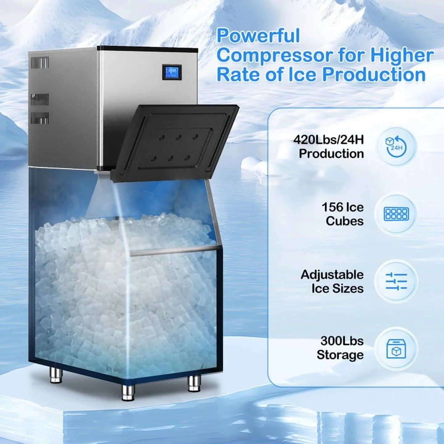 TITTLA 420 lb/24H Commercial Ice Maker Machine, 300 lb Storage, 156 Ice Cubes in 12 - 15 Mins, Stainless Steel Ice Maker for Restaurant Bar Cafe Commercial Use