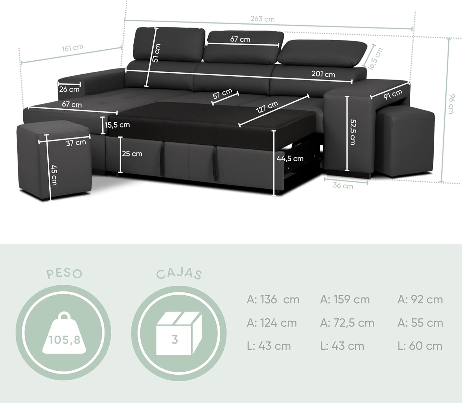 BUDWING John 4-personers hjørnesovesofa - Vendbar chaiselong, justerbar nakkestøtte og 2 fodskamler - Polyurethanbetræk - Moderne stil - 263x161x96 cm - Sort