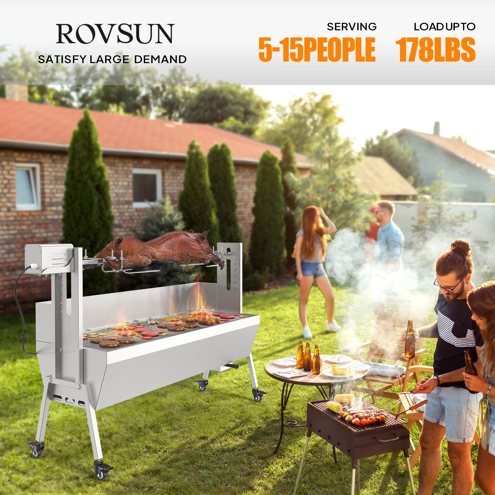Rovsun 46 Electric Rotisserie Grill 176 lb Capacity 25w Pig Lamb Spit Roaster Rotisserie W/Lockable Wheels Wind Baffle with Adjustable Height
