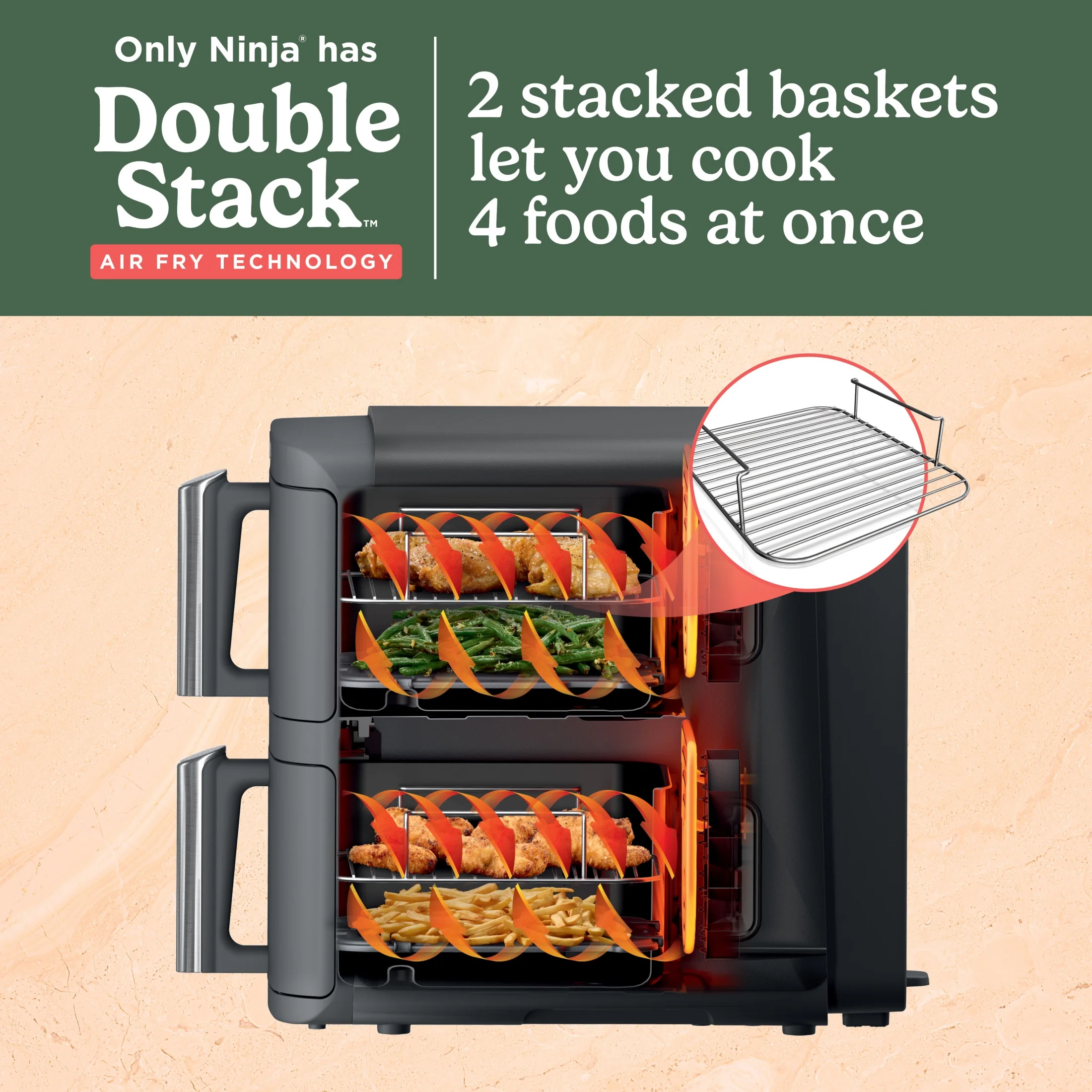 Ninja Doublestack XL 2 - Basket Air Fryer, Doublestack Technology Cooks 4 Foods at Once, Space Saving Design, 10 QT, 4 - in - 1, Smart Finish & Match Cook, SL400