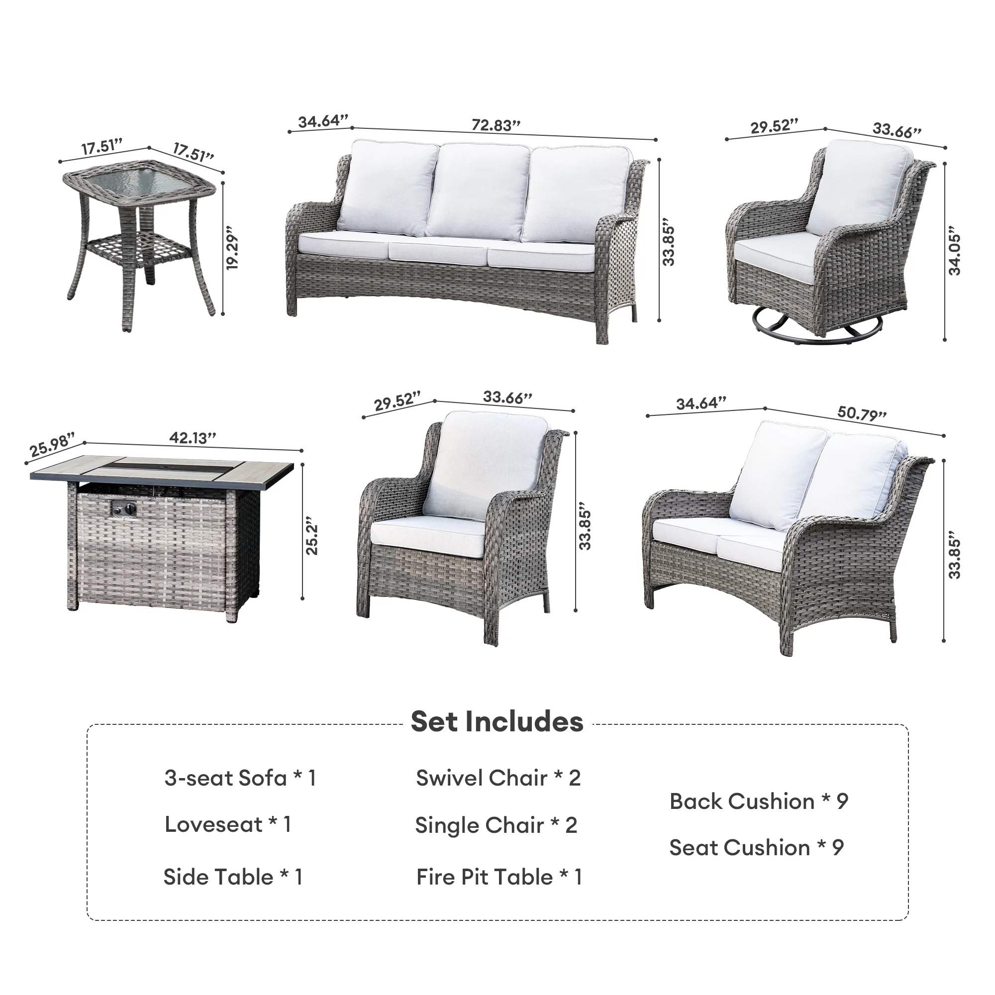 Vcatnet 8 Pieces Outdoor Patio Furniture Sectional Sofa All - Weather Conversation Set with Swivel Rocking Chairs and Fire Pit Table for Garden, Poolside, Gray