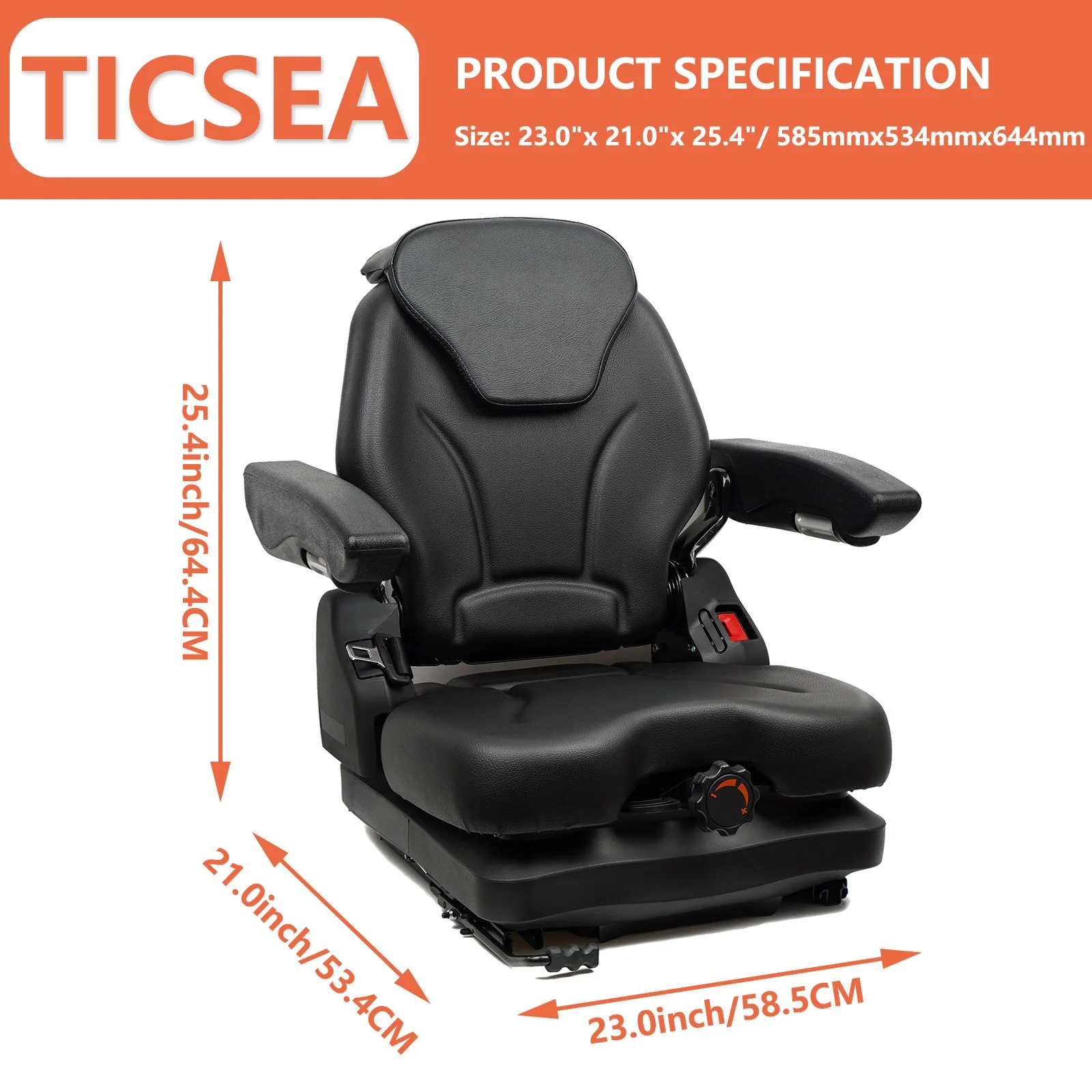TICSEA Highback Bad Boy Tractor Mower Seat, Adjustable Backrest Headrest and Slide Rails Forklift Seat, Adjustable Armrests Shock Absorber Heavy Duty for Excavator Harvester