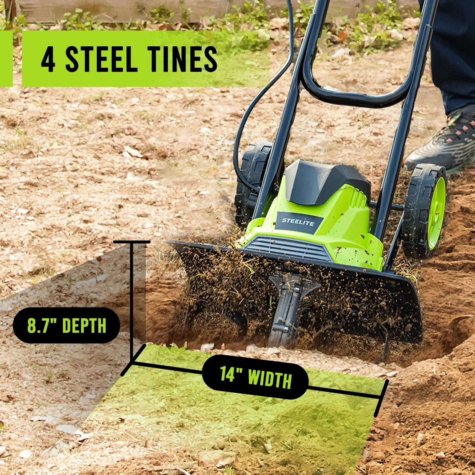 Steelite 14 - Inch Corded Electric Tiller, 10 - Amp Electric Tiller and Cultivator for Gardening, Lightweight Rototiller