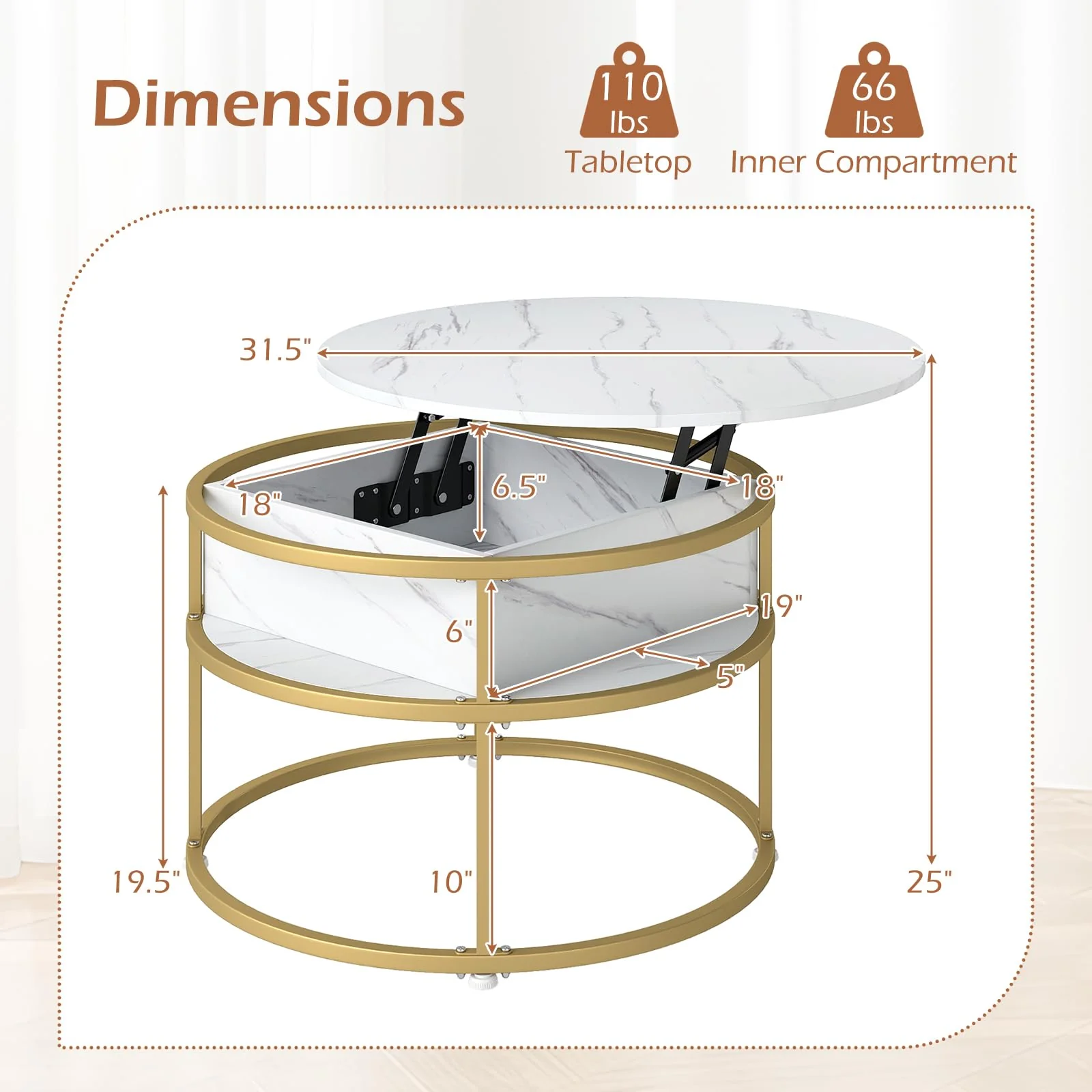 Tangkula Lift Top Coffee Table 31.5" Round Center Table with Hidden Compartment & Side Shelves