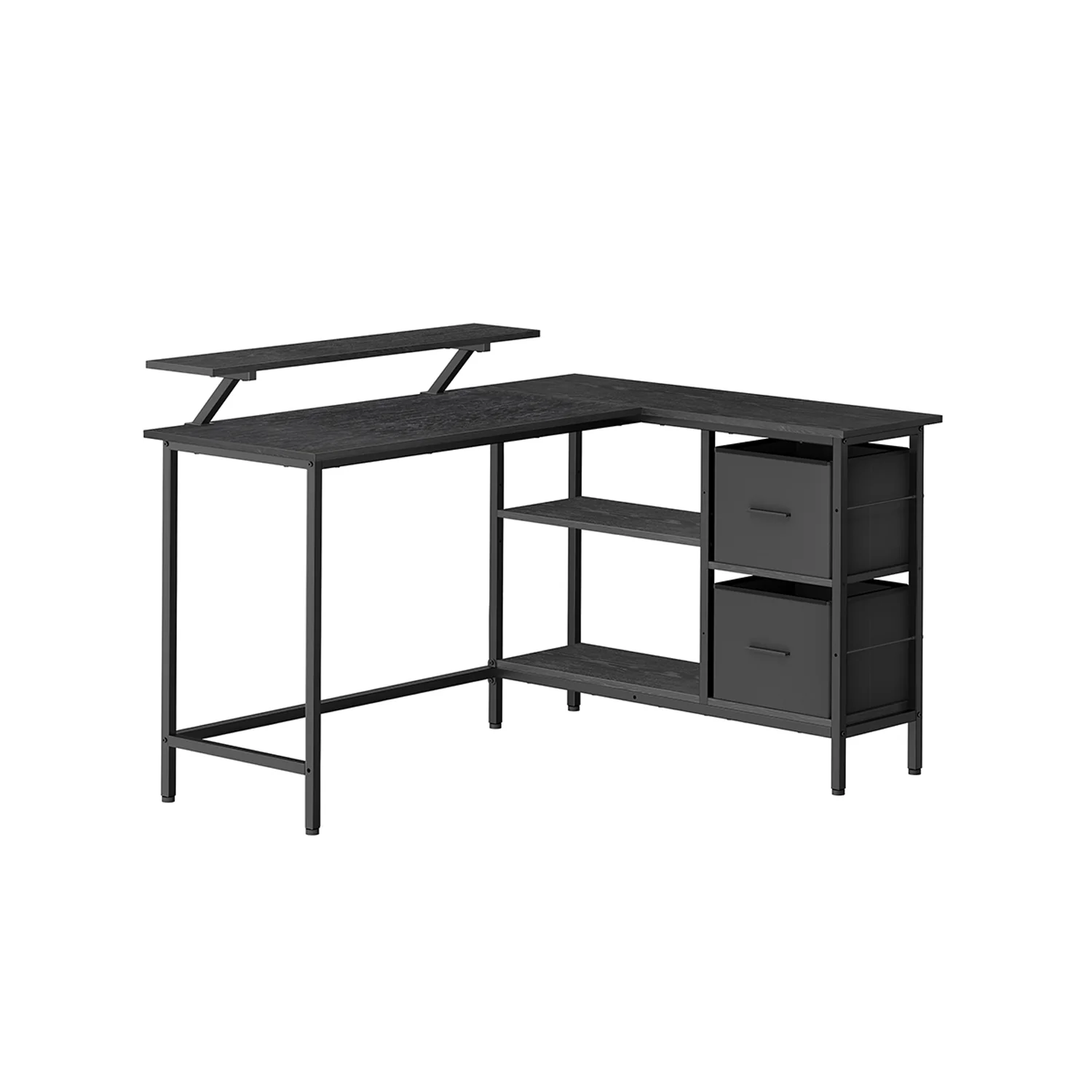 L-förmiger Schreibtisch mit geräumigen Schubladen, Monitorständer und Ablage.