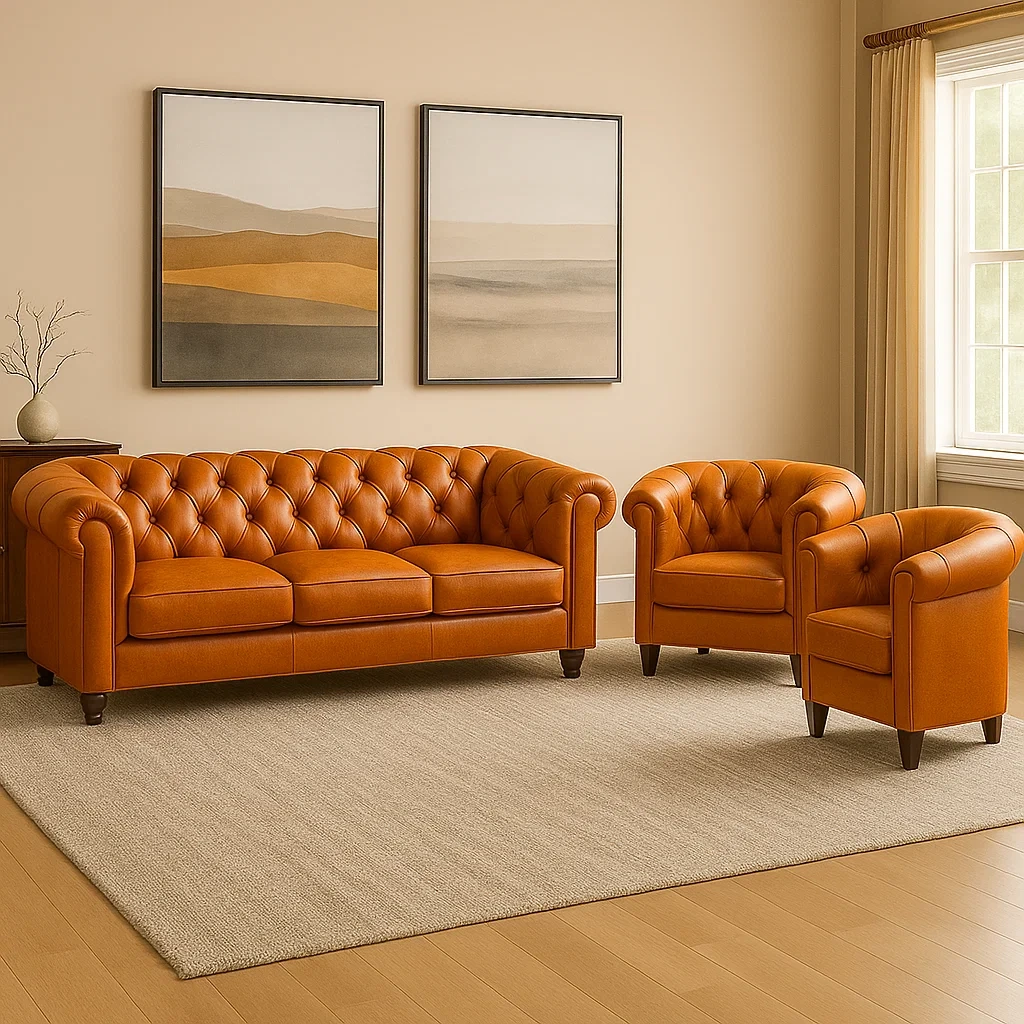 Ensemble canapé 3 places et 2 fauteuils, structure en bois, coussins en mousse, revêtement en cuir marron clair, pour salon, dimensions du canapé : 210 x 70 x 85 cm, dimensions du fauteuil : 70 x 70 x 85 cm - b4FcpJC5V6hU