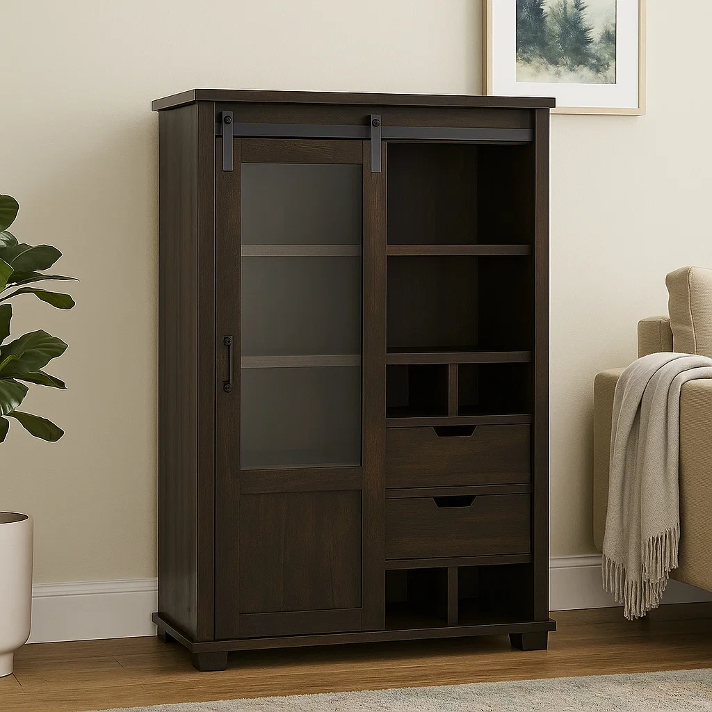 Vitrine à porte coulissante en verre, 6 compartiments avec tiroirs, MDF brun foncé, autoportante, pour salon ou bureau, 100 x 40 x 160 cm - EkSeR2litJ4e