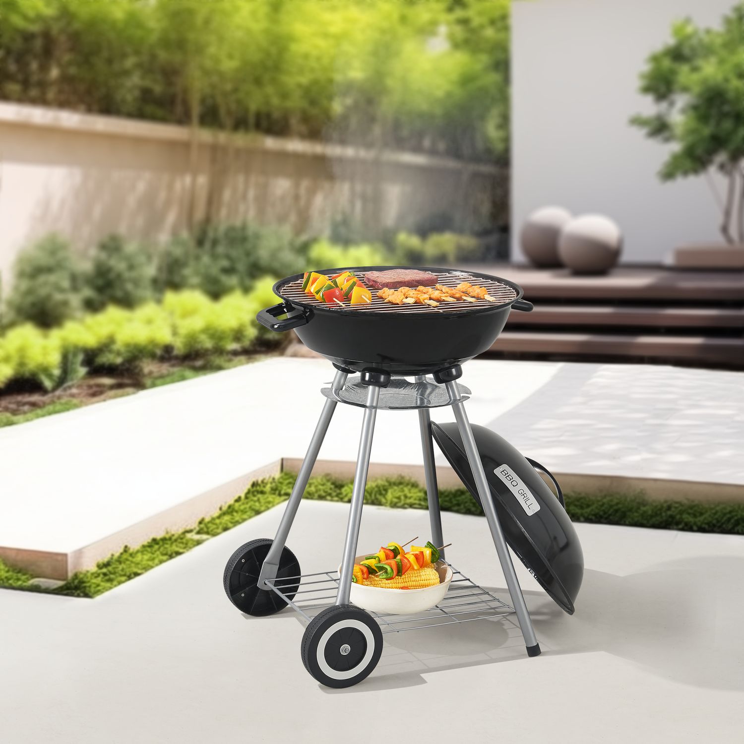 Barbecue rond à charbon Apricena avec couvercle 80 x 49 x 47 cm - Noir [casa.pro]