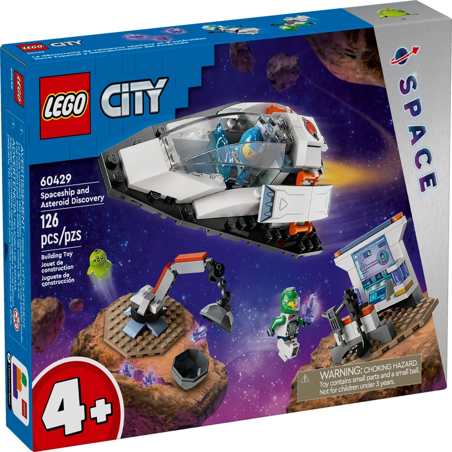 LEGO City rumskib og asteroideopdagelsesbyggesæt, gave til børn fra 4 år, der elsker fantasifuld leg, indeholder 2 minifigurer af rumbesætning, rumvæsen, krystaller og trane, 60429